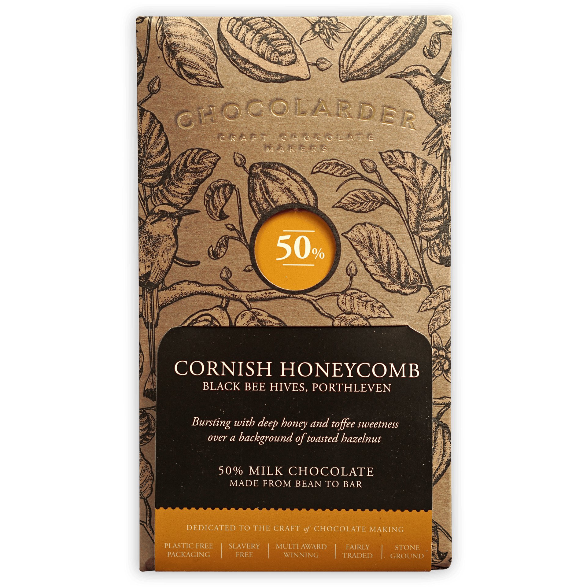 Chocolarder Cornish Honeycomb 50% Milk Chocolate bar wrapper
