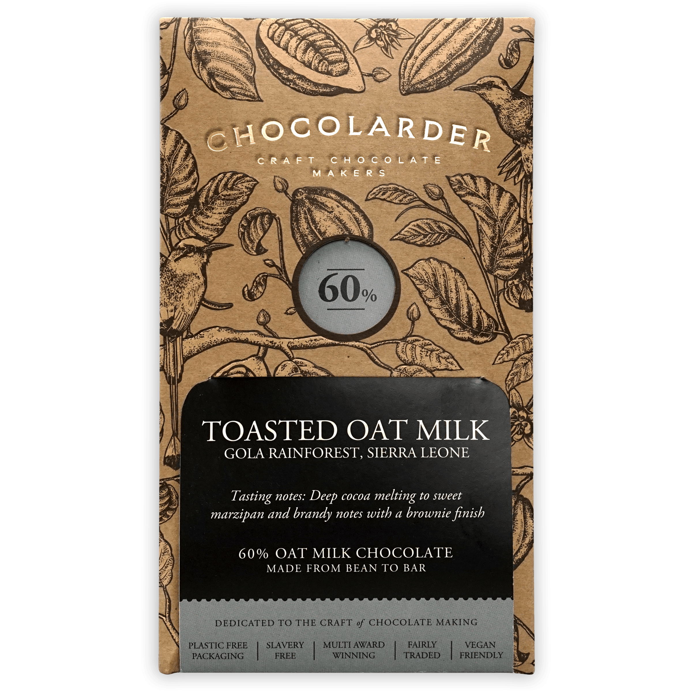 Chocolarder Toasted Oat Milk 60% bar in brown paper with botanicals