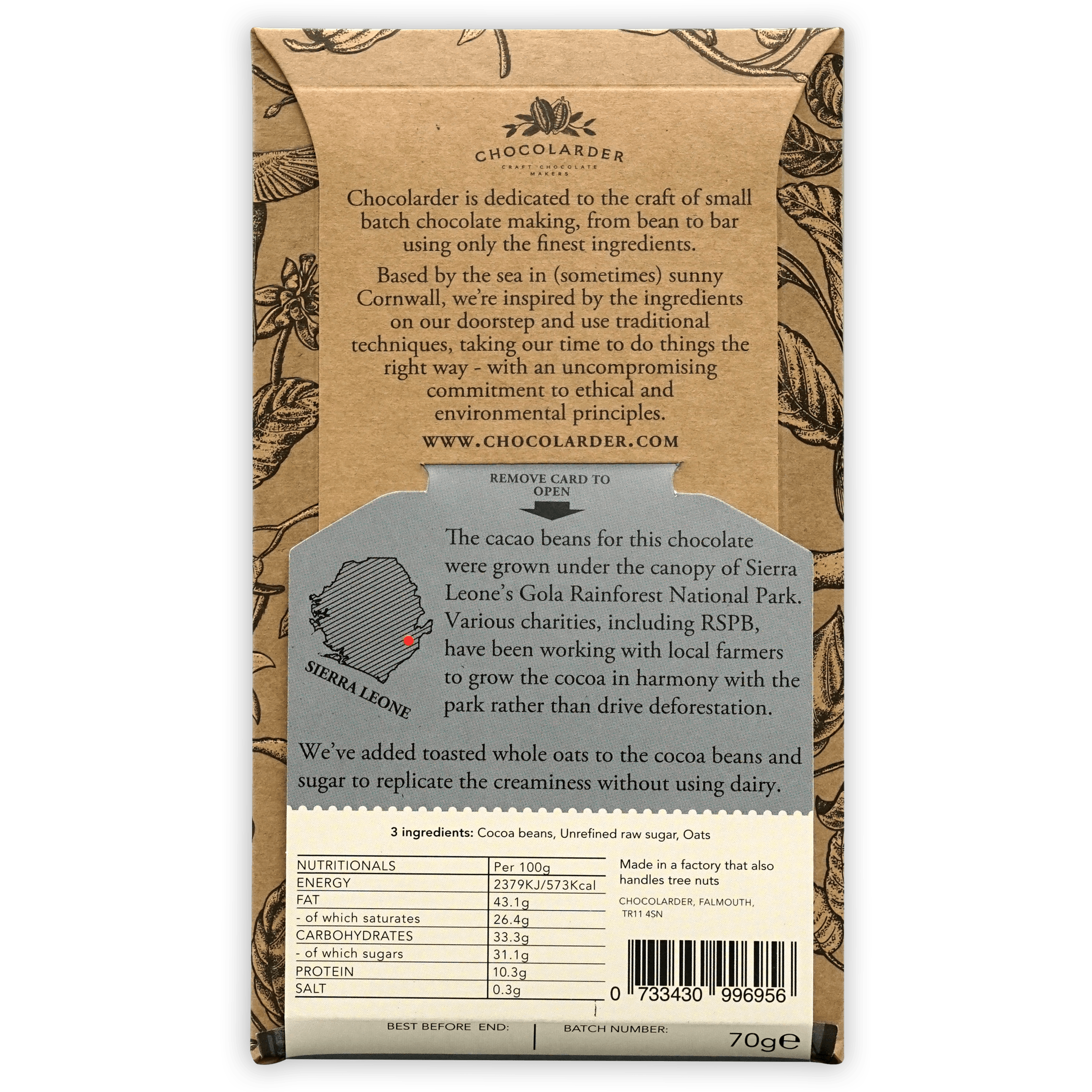 Chocolarder Toasted Oat Milk 60% 70g bar with Sierra Leone map