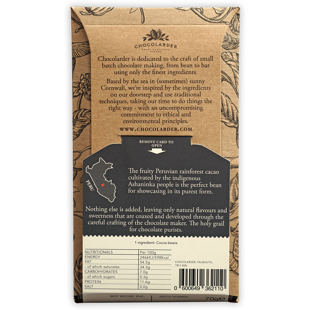 Chocolarder Pure Dark 100% chocolate bar in brown kraft wrapper with Peru map