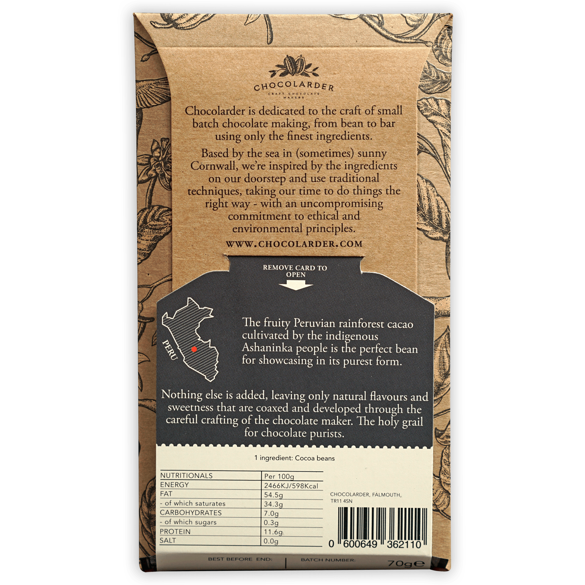 Chocolarder Pure Dark 100% chocolate bar in brown kraft wrapper with Peru map