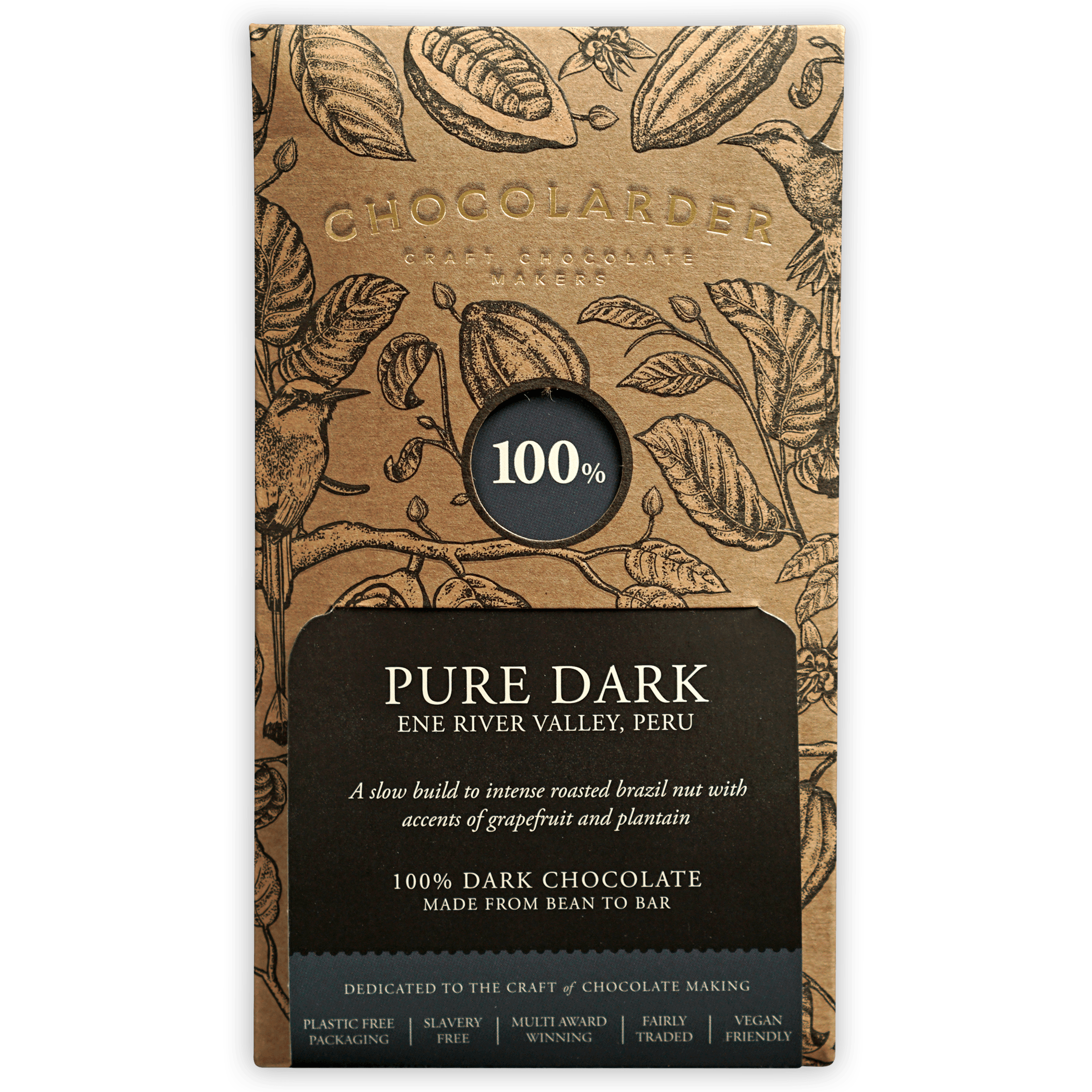 Chocolarder Pure Dark 100% chocolate bar wrapper with botanical illustrations