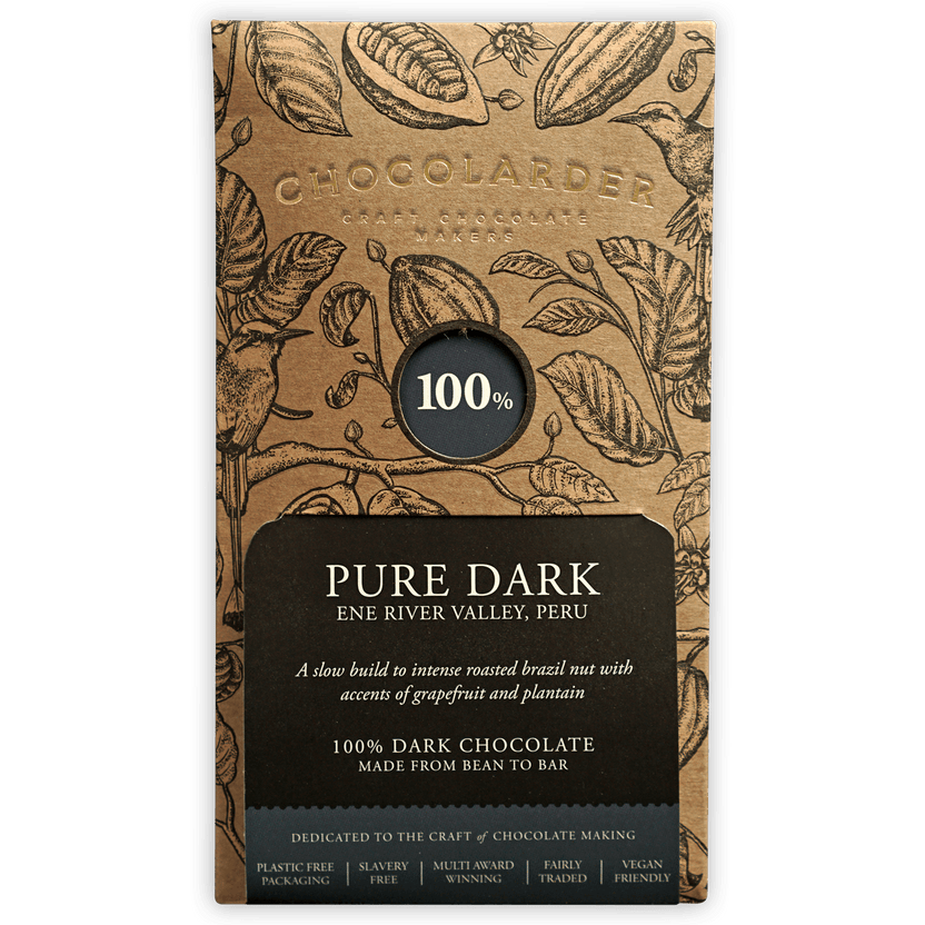 Chocolarder Pure Dark 100% chocolate bar wrapper with botanical illustrations