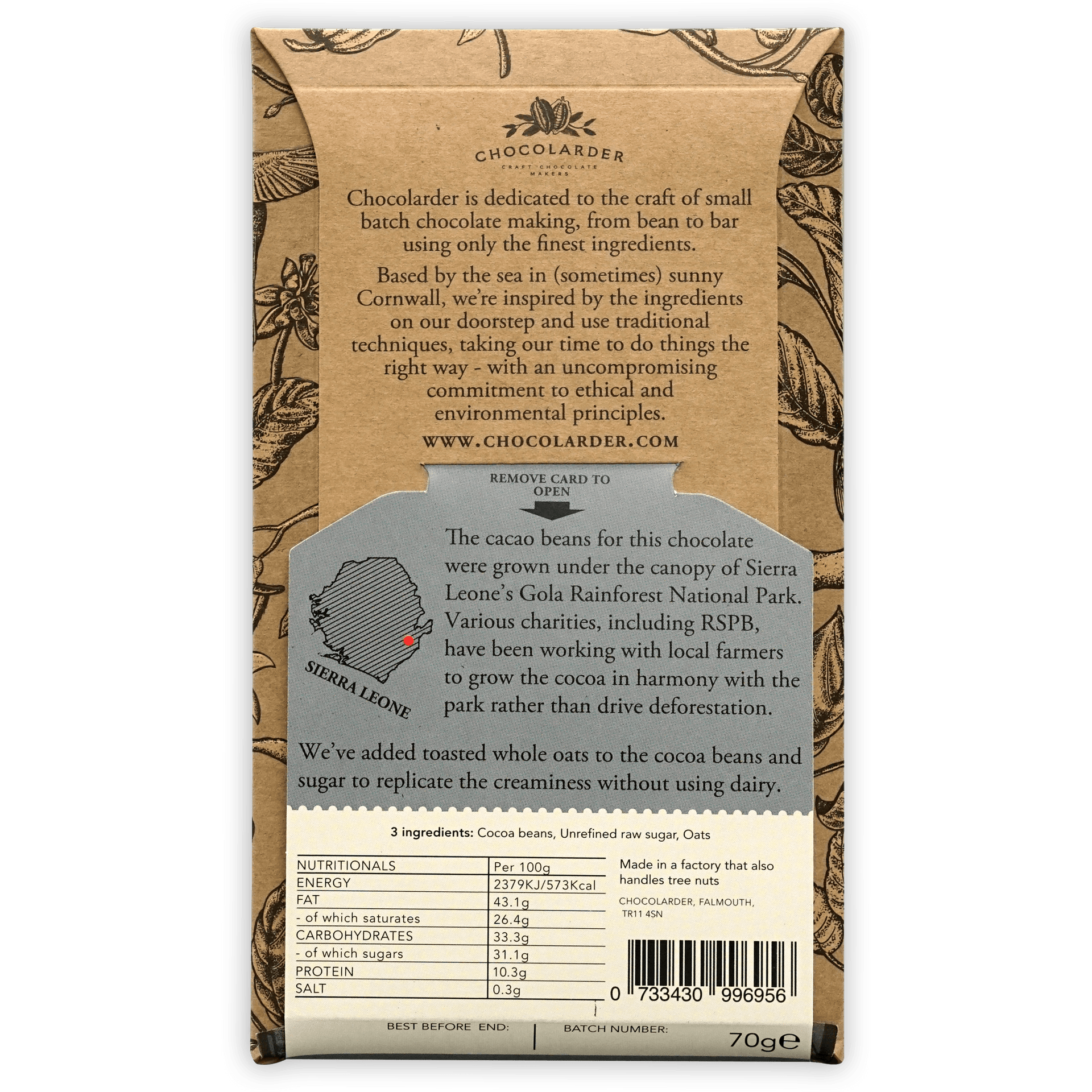 Chocolarder Toasted Oat Milk 60% 70g bar with Sierra Leone map