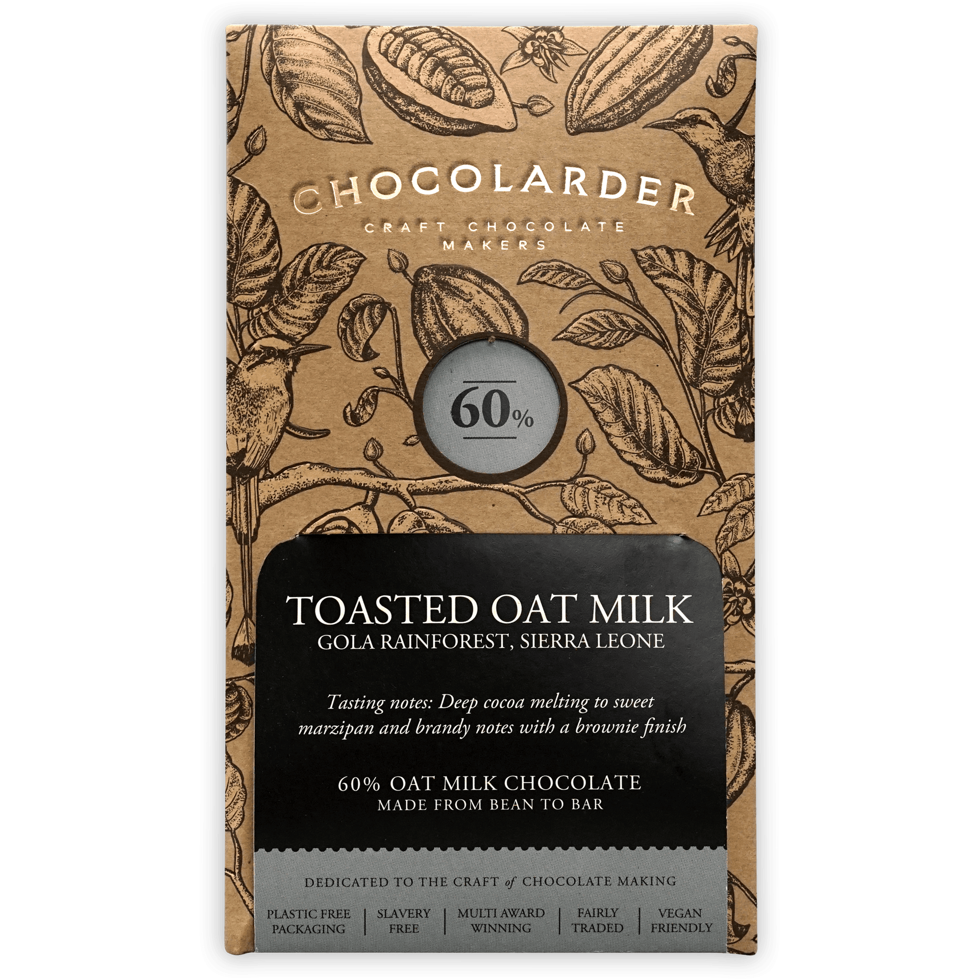 Chocolarder Toasted Oat Milk 60% bar in brown paper with botanicals