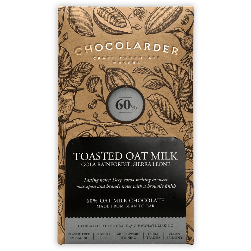 Chocolarder Toasted Oat Milk 60% bar in brown paper with botanicals