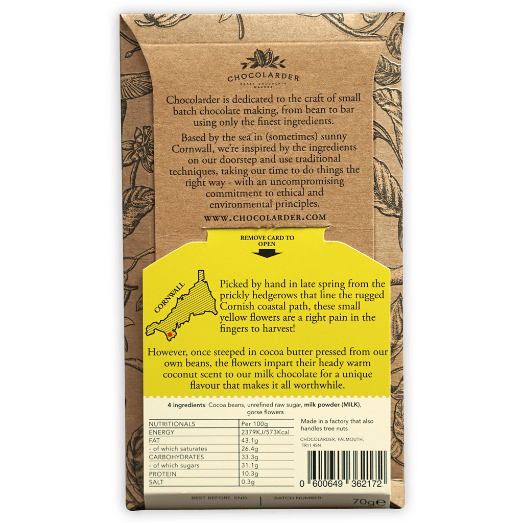 Chocolarder Wild Gorse Flower Milk 50% chocolate bar wrapper