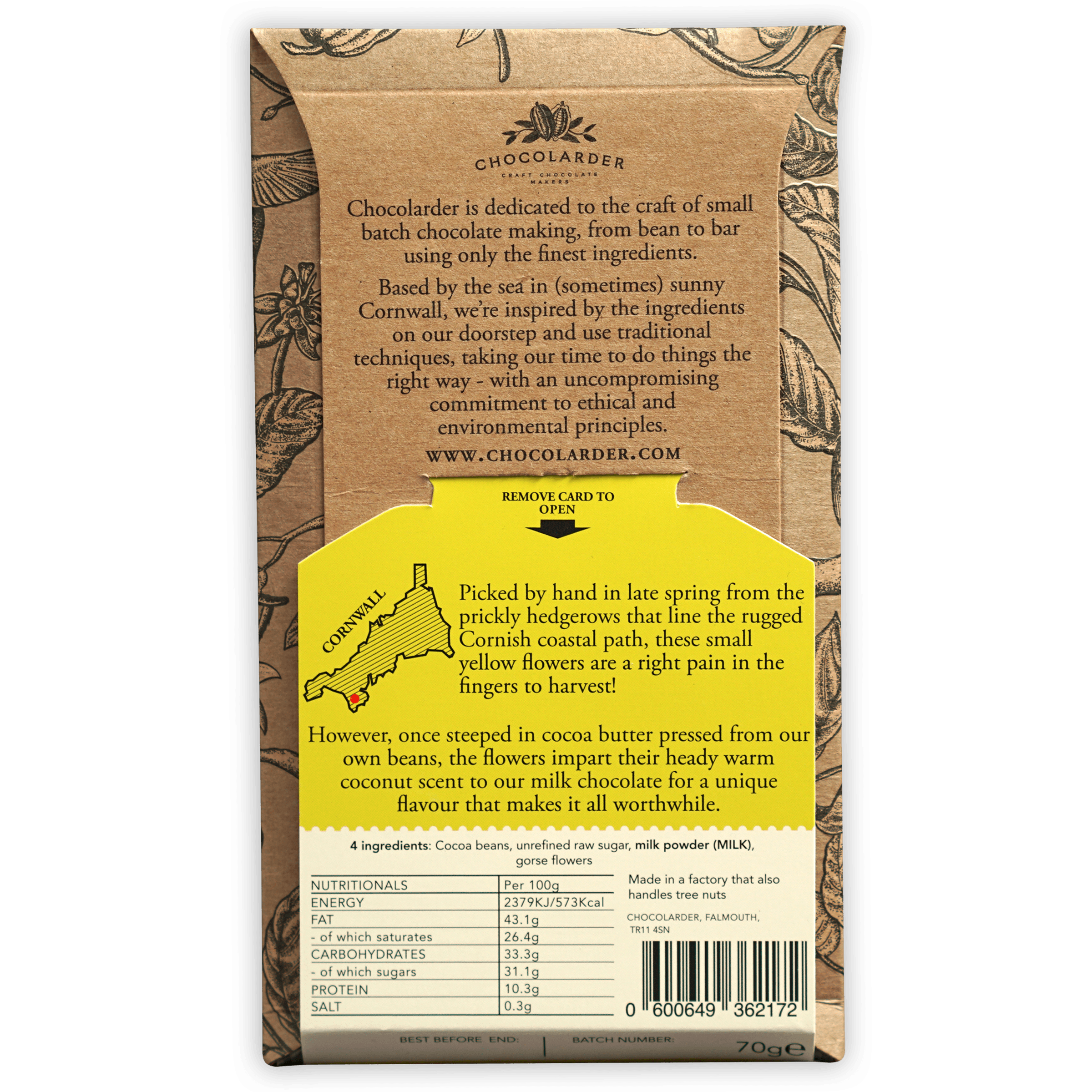 Chocolarder Wild Gorse Flower Milk 50% chocolate bar wrapper