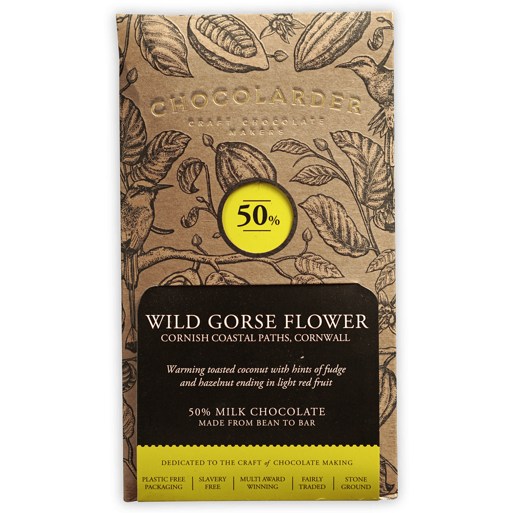 Chocolarder Wild Gorse Flower Milk 50% chocolate bar wrapper