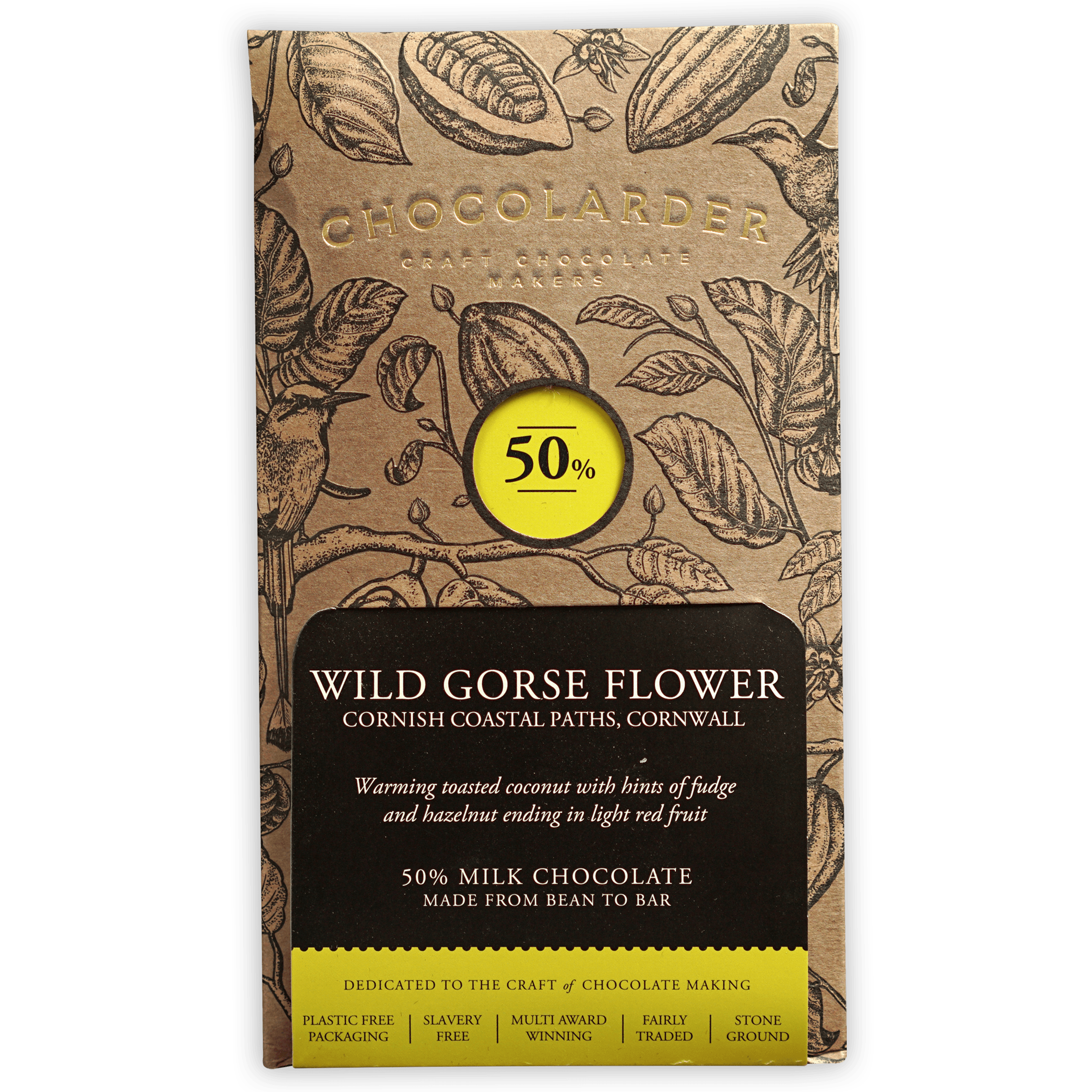 Chocolarder Wild Gorse Flower Milk 50% chocolate bar wrapper