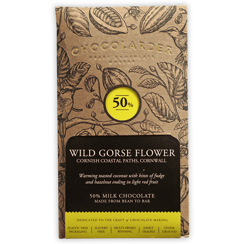 Chocolarder Wild Gorse Flower Milk 50% chocolate bar wrapper