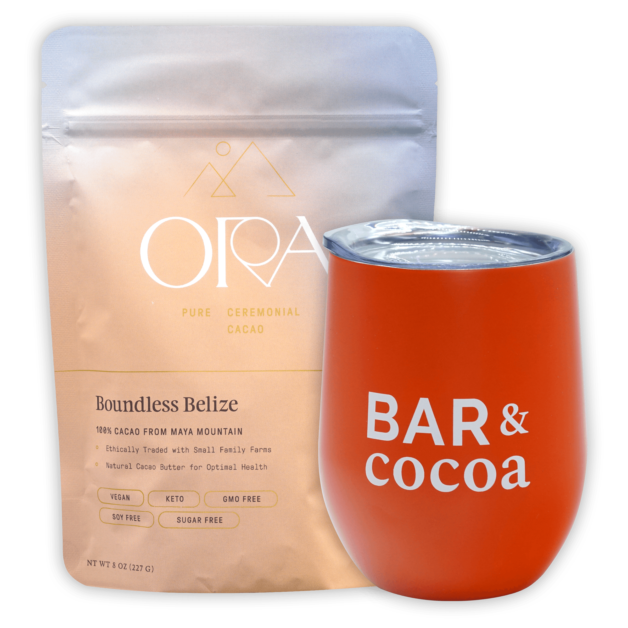 Vibrant orange insulated wine tumbler with clear lid and Bar & Cocoa lettering in Drinking Chocolate Gift Bundle
