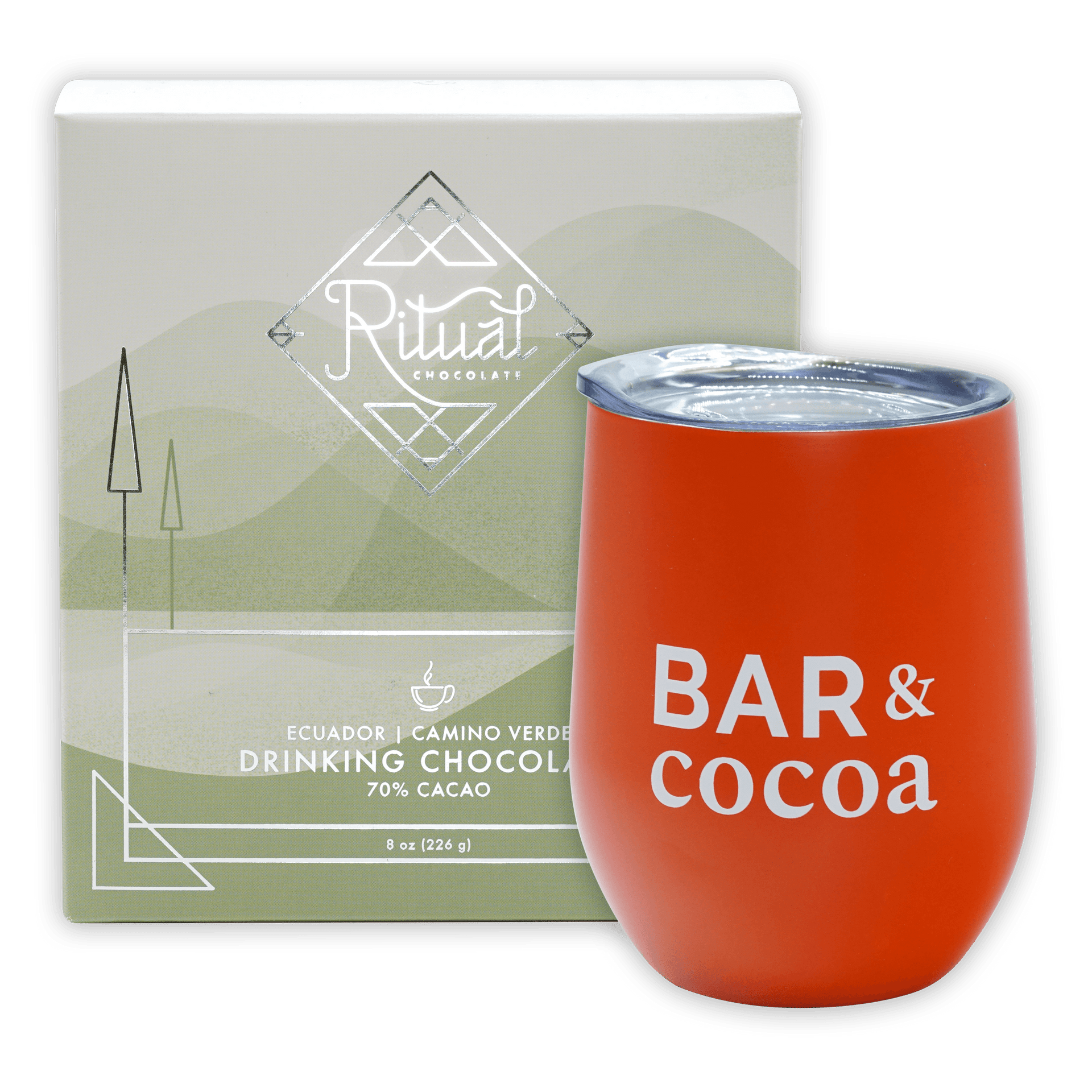 Orange insulated tumbler with clear lid and Bar & Cocoa text in Drinking Chocolate Gift Bundle