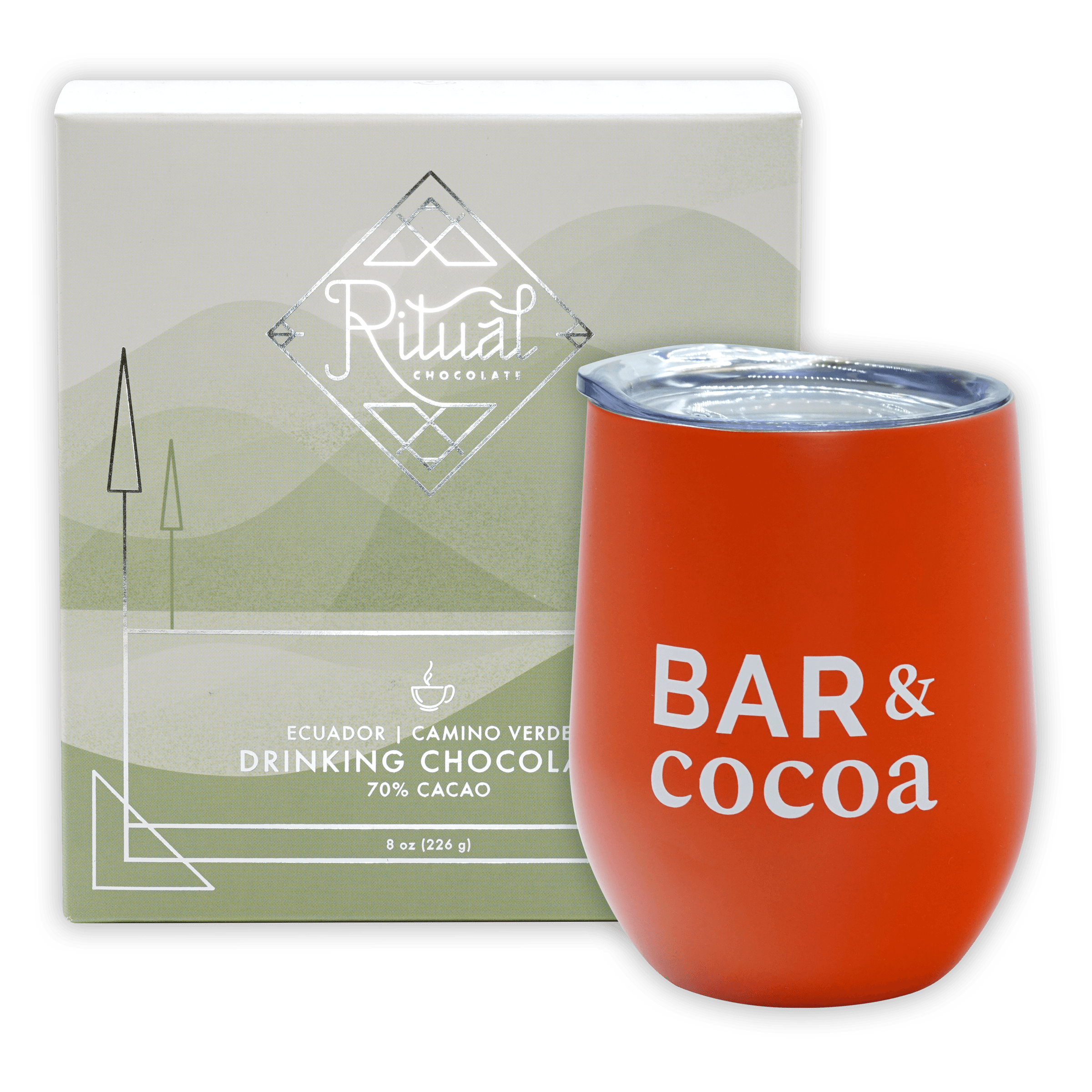 Orange insulated tumbler with clear lid and Bar & Cocoa text in Drinking Chocolate Gift Bundle