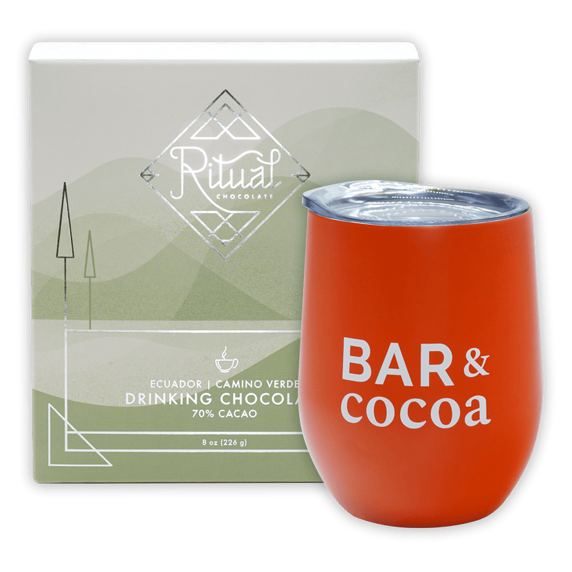 Orange insulated tumbler with clear lid and Bar & Cocoa text in Drinking Chocolate Gift Bundle