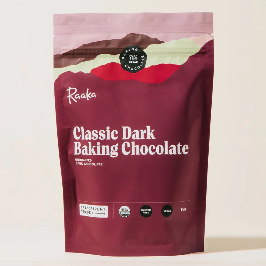 Raaka Classic Dark 71% cacao baking chocolate pouch with mountain design