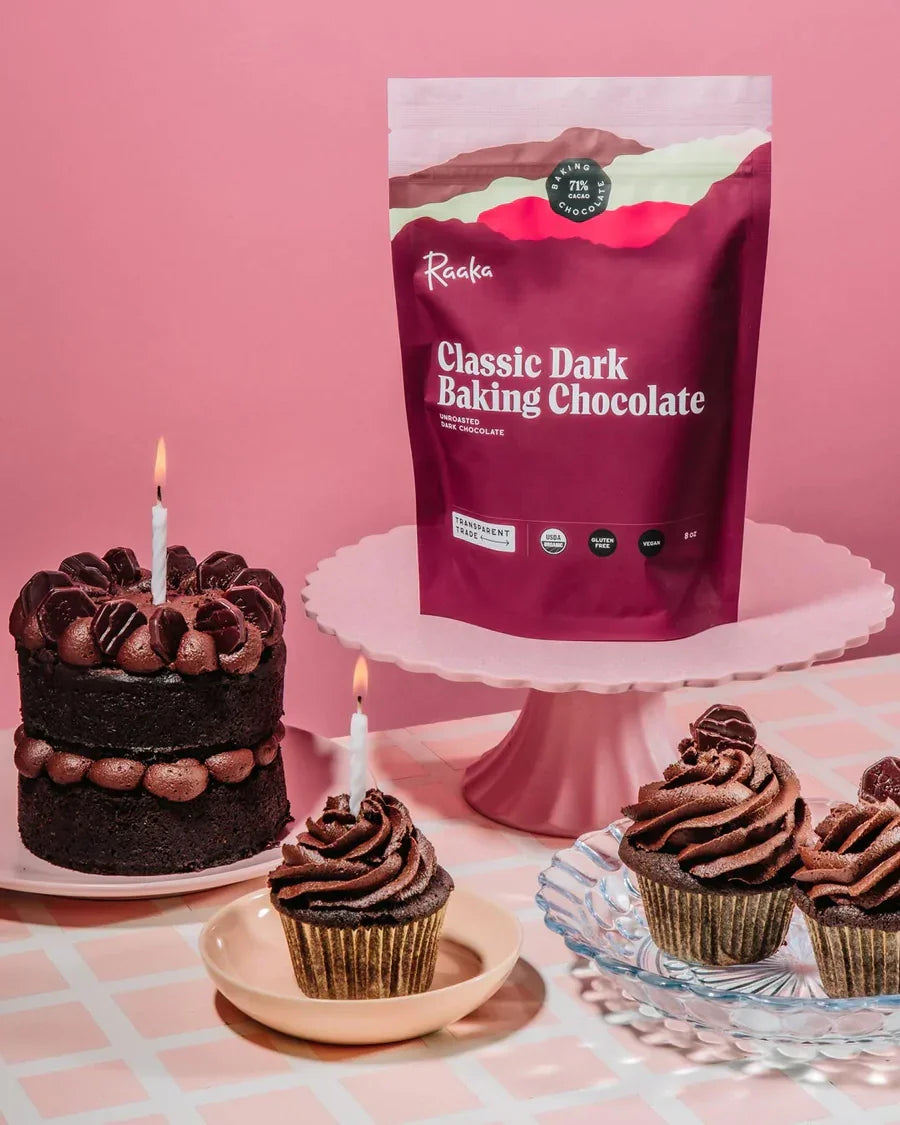 Raaka Classic Dark 71% baking chocolate bag in maroon packaging