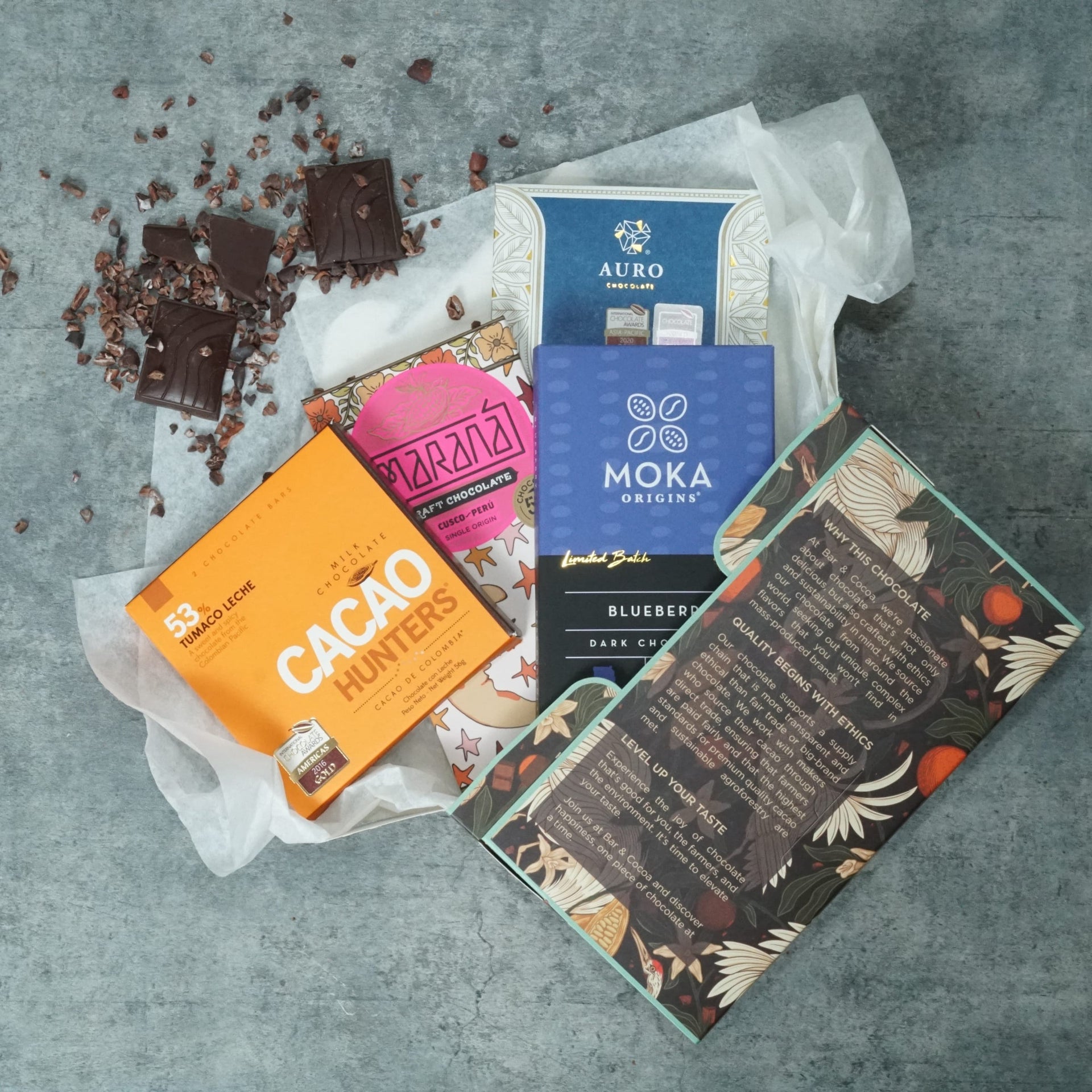 Club Add an Extra Adventure Month: artisanal chocolate bars by Cacao Hunters, Moka Origins, Auro Chocolate