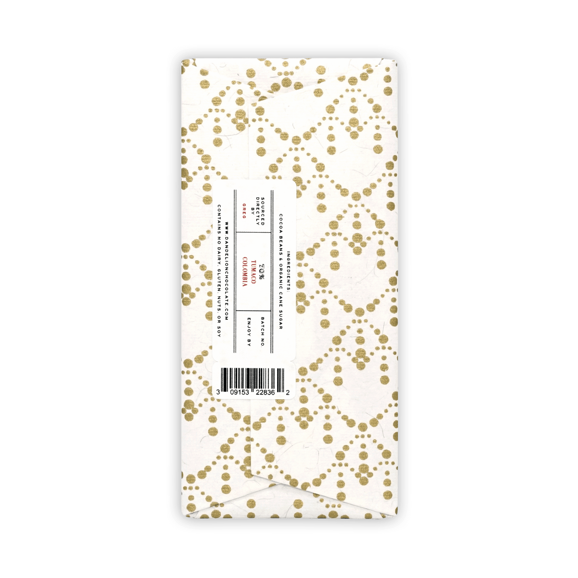 Back of Dandelion bar in white and gold dot wrapper, side label reading 70% Tumaco Colombia with barcode.