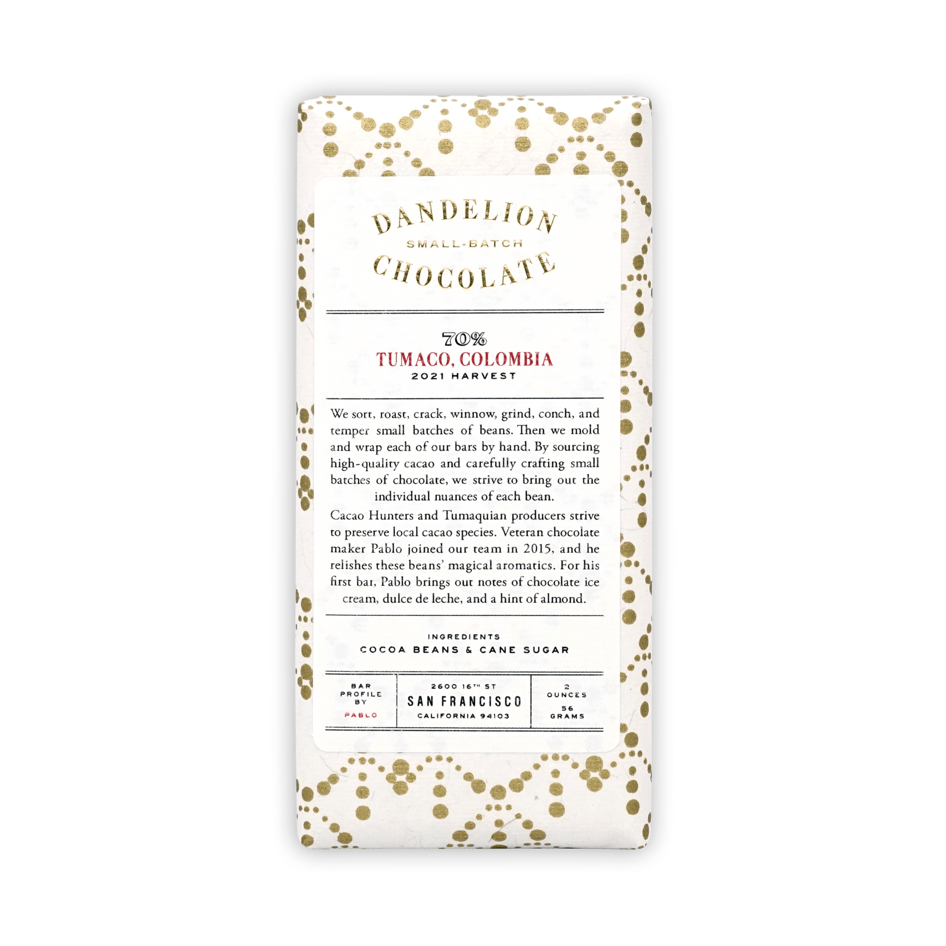 Dandelion Chocolate bar in white wrapper with gold dot pattern, label reading 70% Tumaco, Colombia, 2021 Harvest.