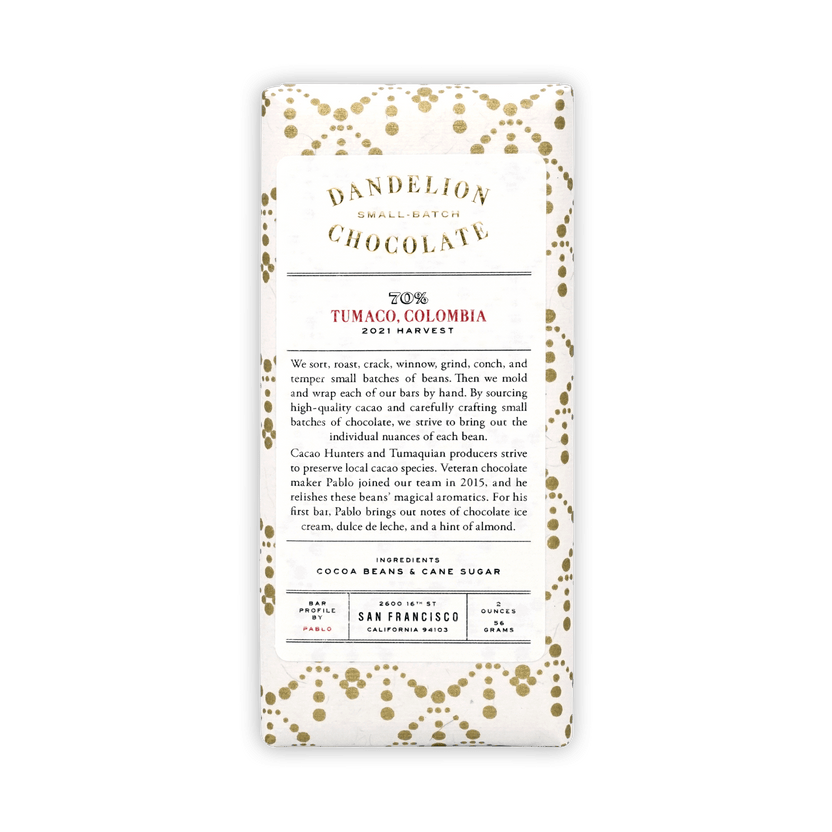 Dandelion Chocolate bar in white wrapper with gold dot pattern, label reading 70% Tumaco, Colombia, 2021 Harvest.