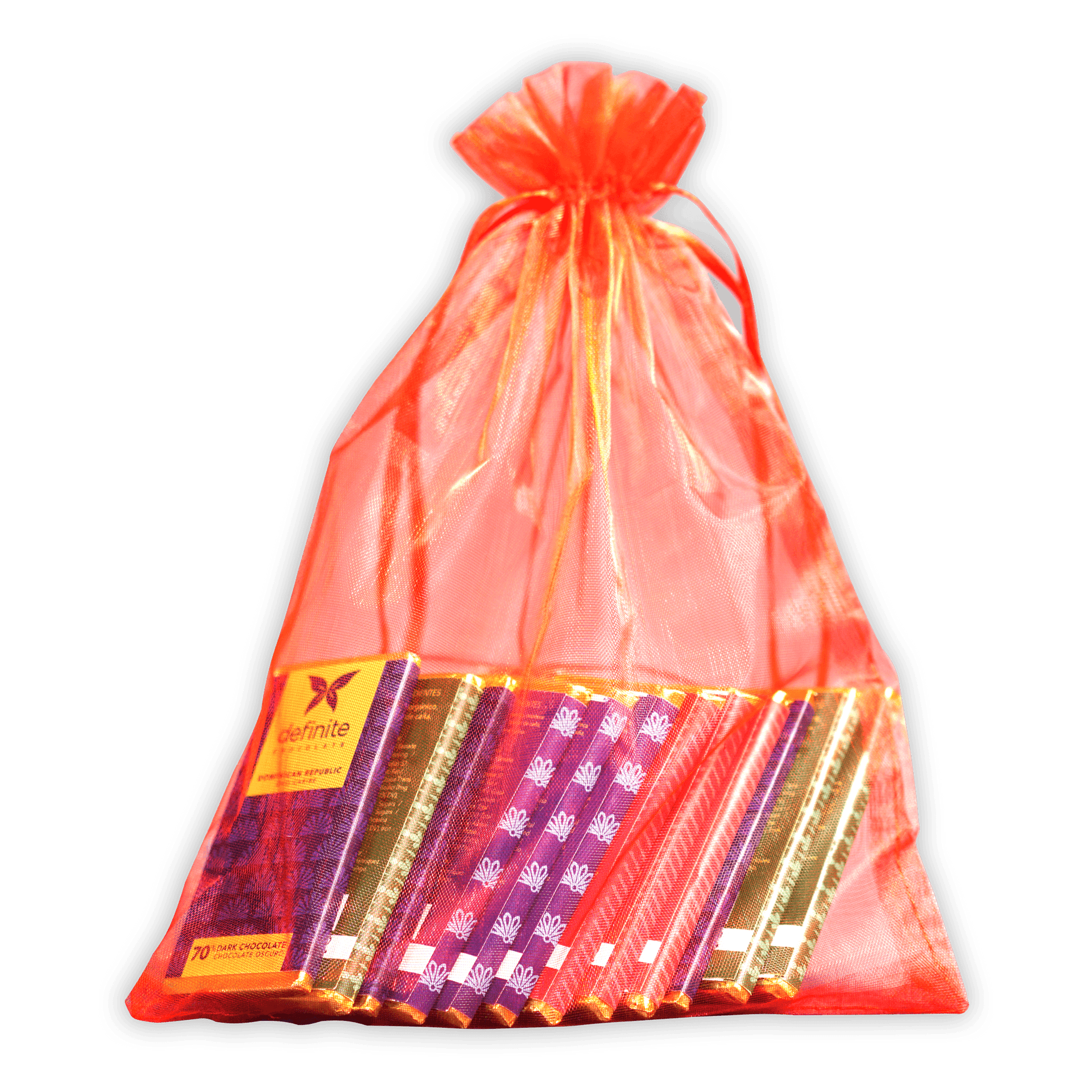 Vibrant orange sheer organza Definite Chocolate Mini Bar Variety Bag with 12 minis