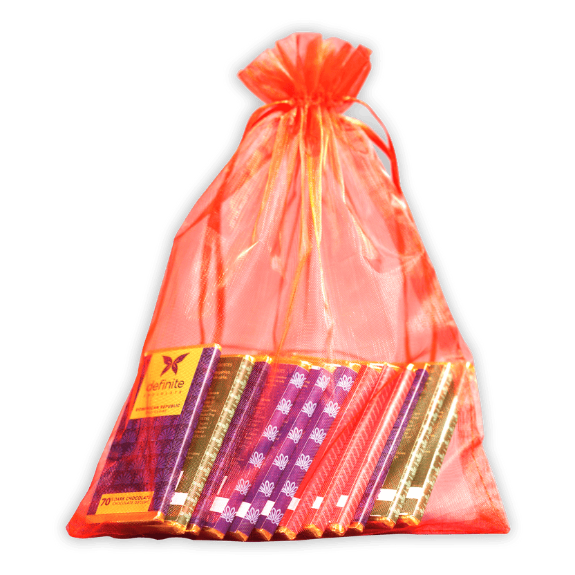 Vibrant orange sheer organza Definite Chocolate Mini Bar Variety Bag with 12 minis