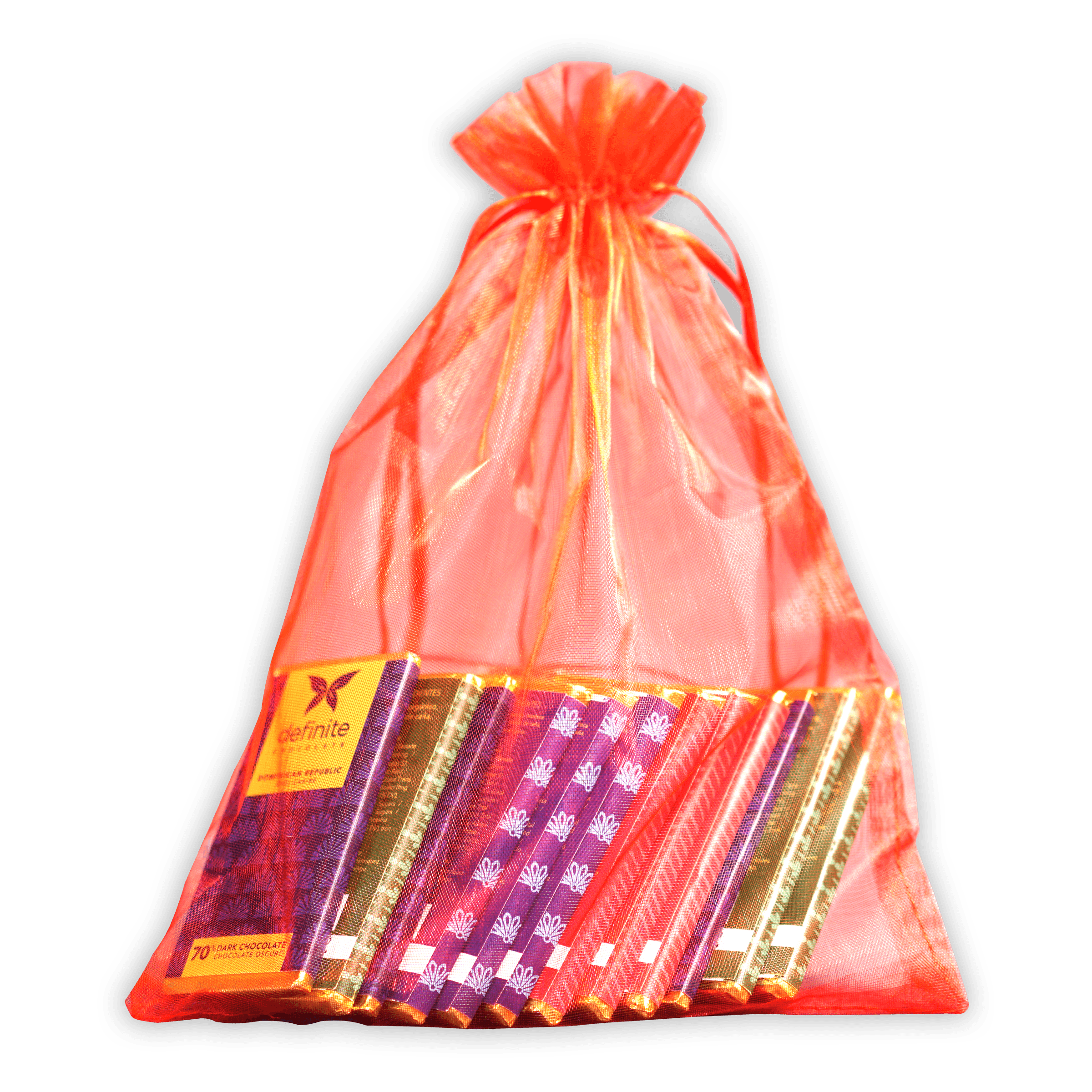 Vibrant orange sheer organza Definite Chocolate Mini Bar Variety Bag with 12 minis