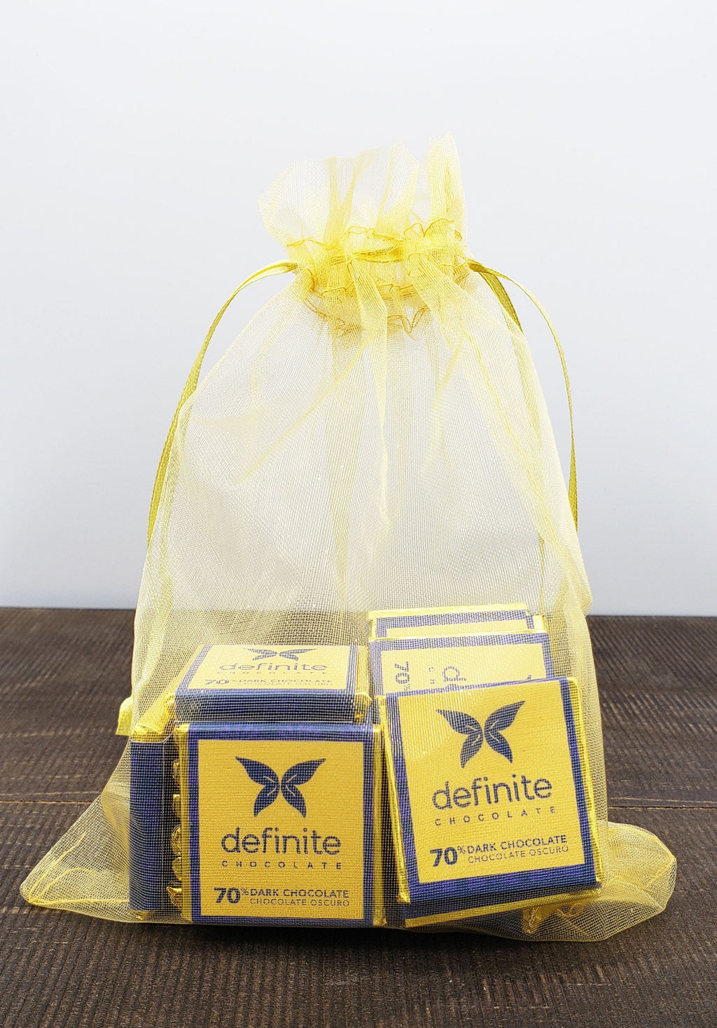 Yellow sheer organza bag with Definite Chocolate Napolitans mini squares