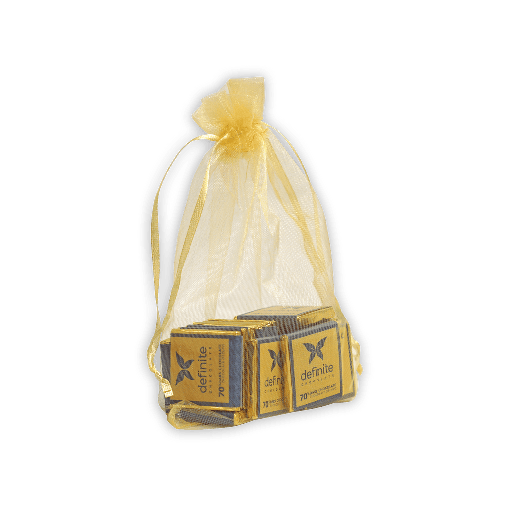 Sheer yellow organza bag with Definite Chocolate Napolitans mini squares