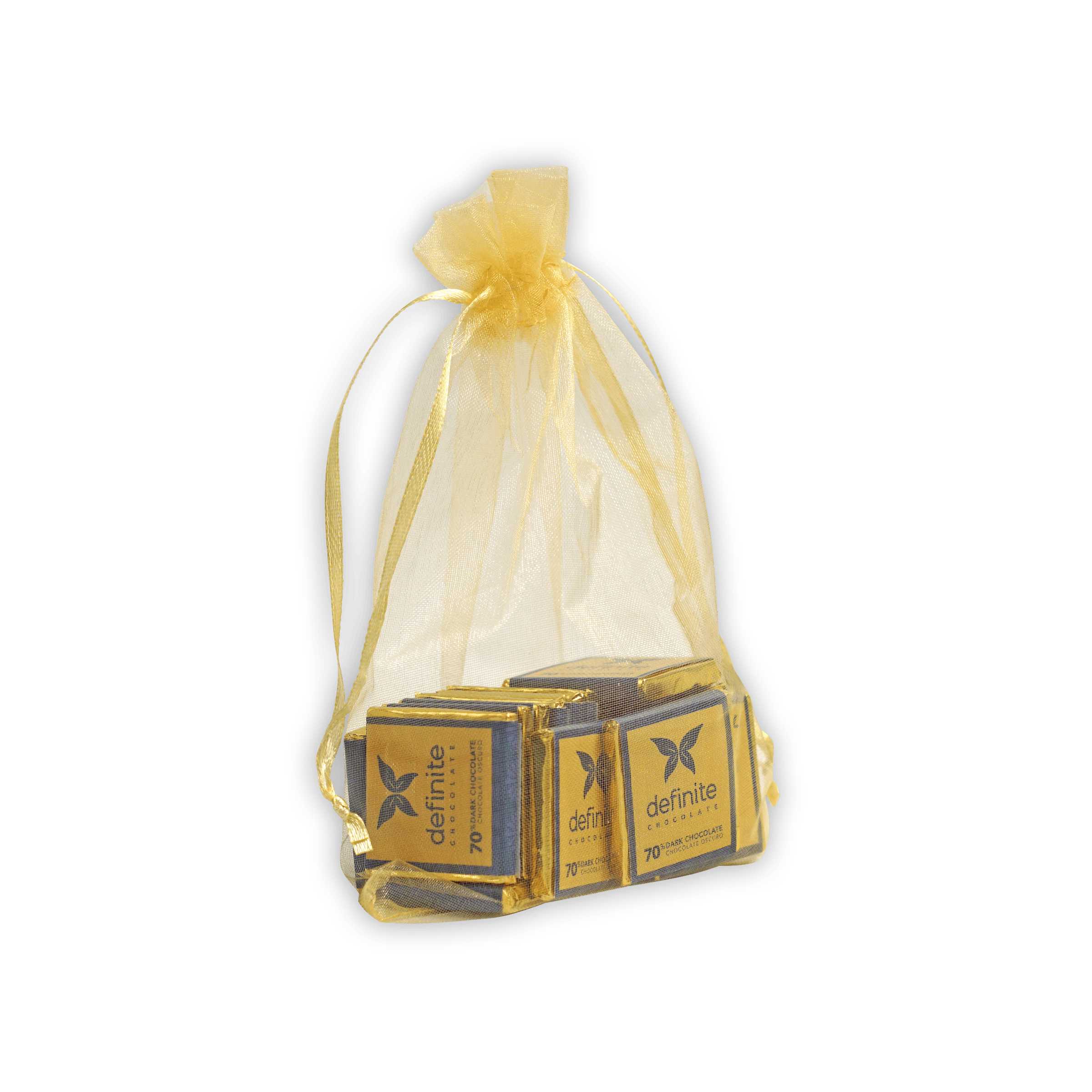 Sheer yellow organza bag with Definite Chocolate Napolitans mini squares