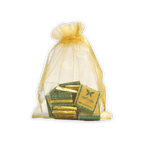 Sheer white organza bag with gold drawstring holding Definite Chocolate Napolitans minis