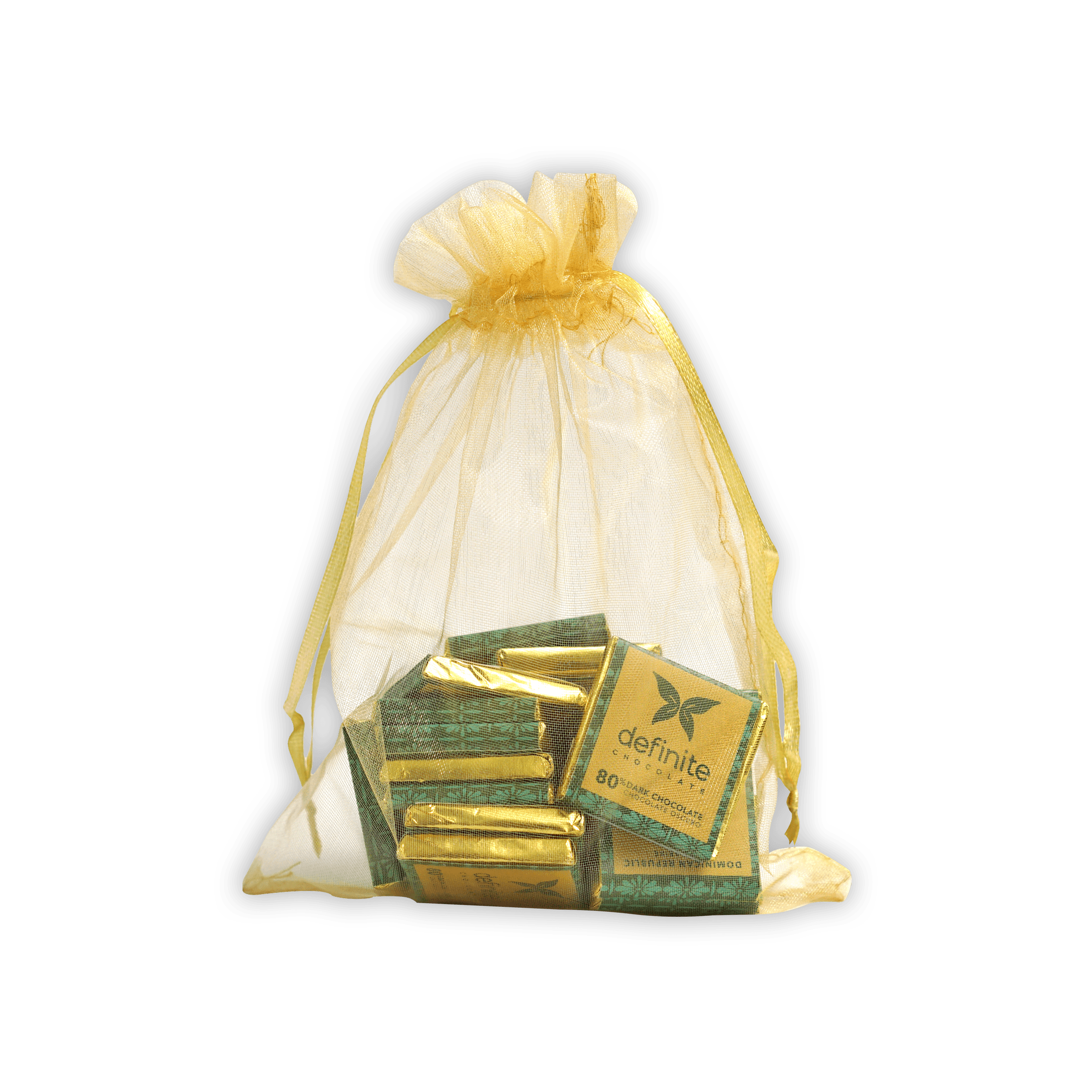Sheer white organza bag with gold drawstring holding Definite Chocolate Napolitans minis