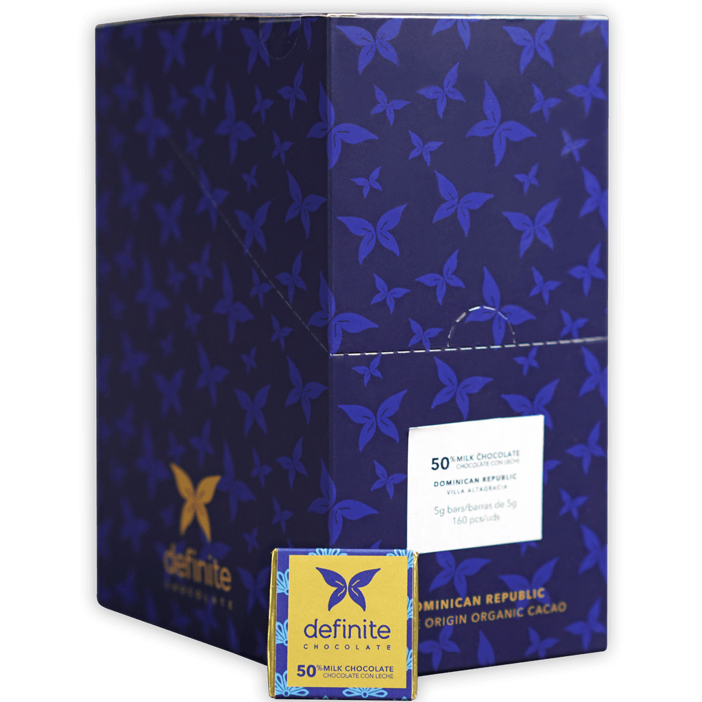 Definite Chocolate Napolitans: 50 Dominican milk chocolates in navy blue butterfly box