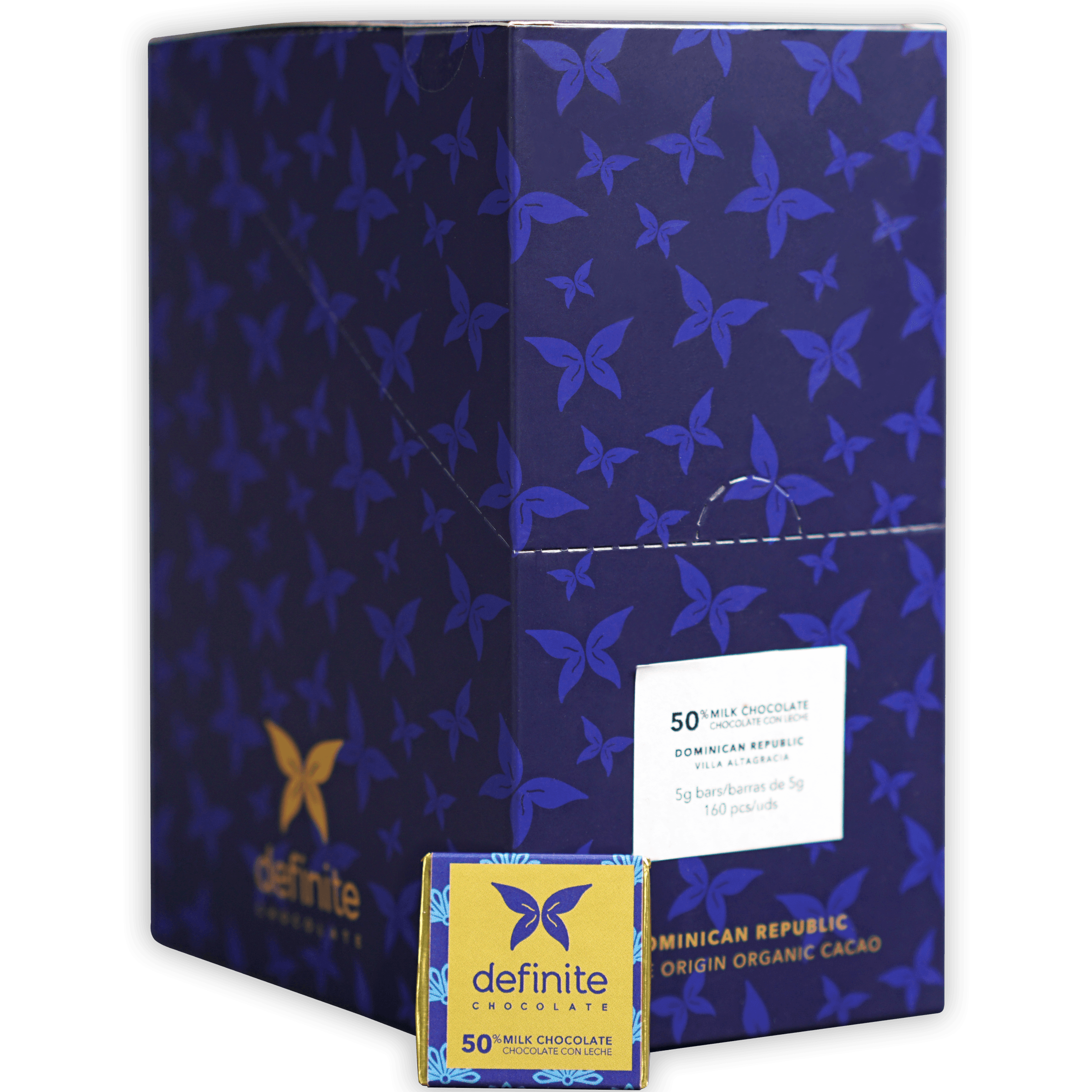 Definite Chocolate Napolitans: 50 Dominican milk chocolates in navy blue butterfly box