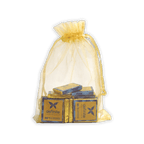 Sheer yellow organza bag with drawstring holding wrapped Definite Chocolate Napolitans mini squares