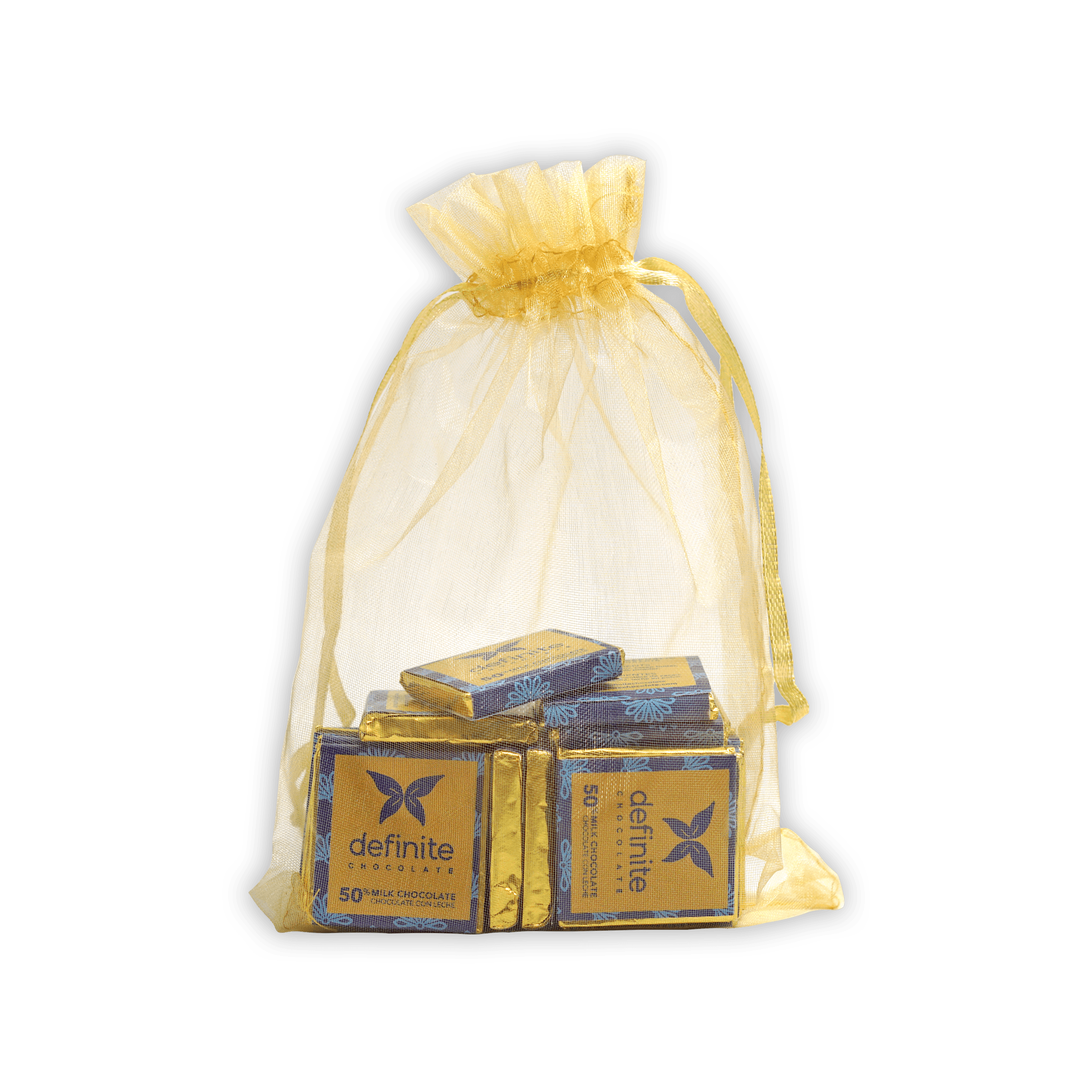 Sheer yellow organza bag with drawstring holding wrapped Definite Chocolate Napolitans mini squares