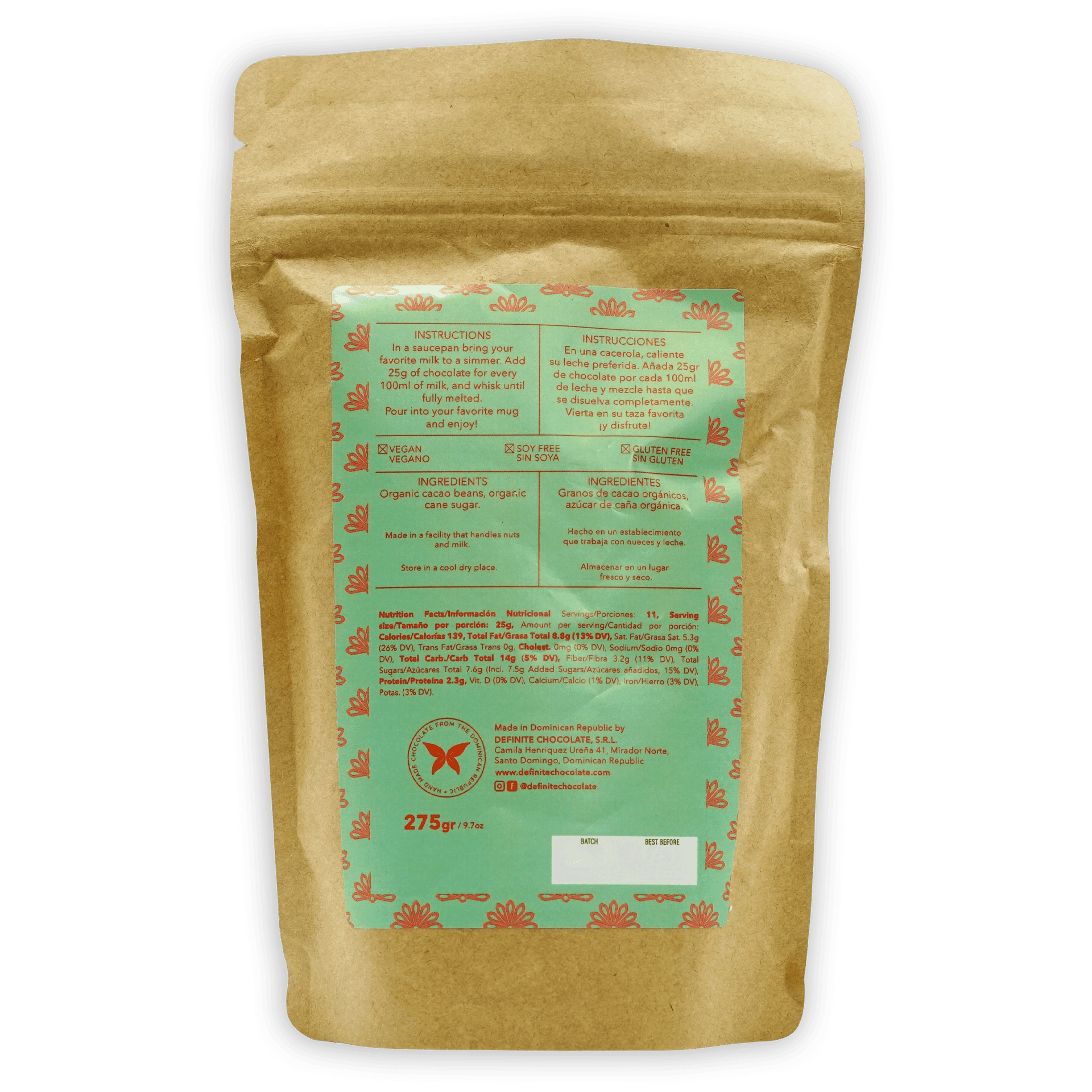 Definite Drinking Chocolate Dark 70% organic cacao powder resealable pouch