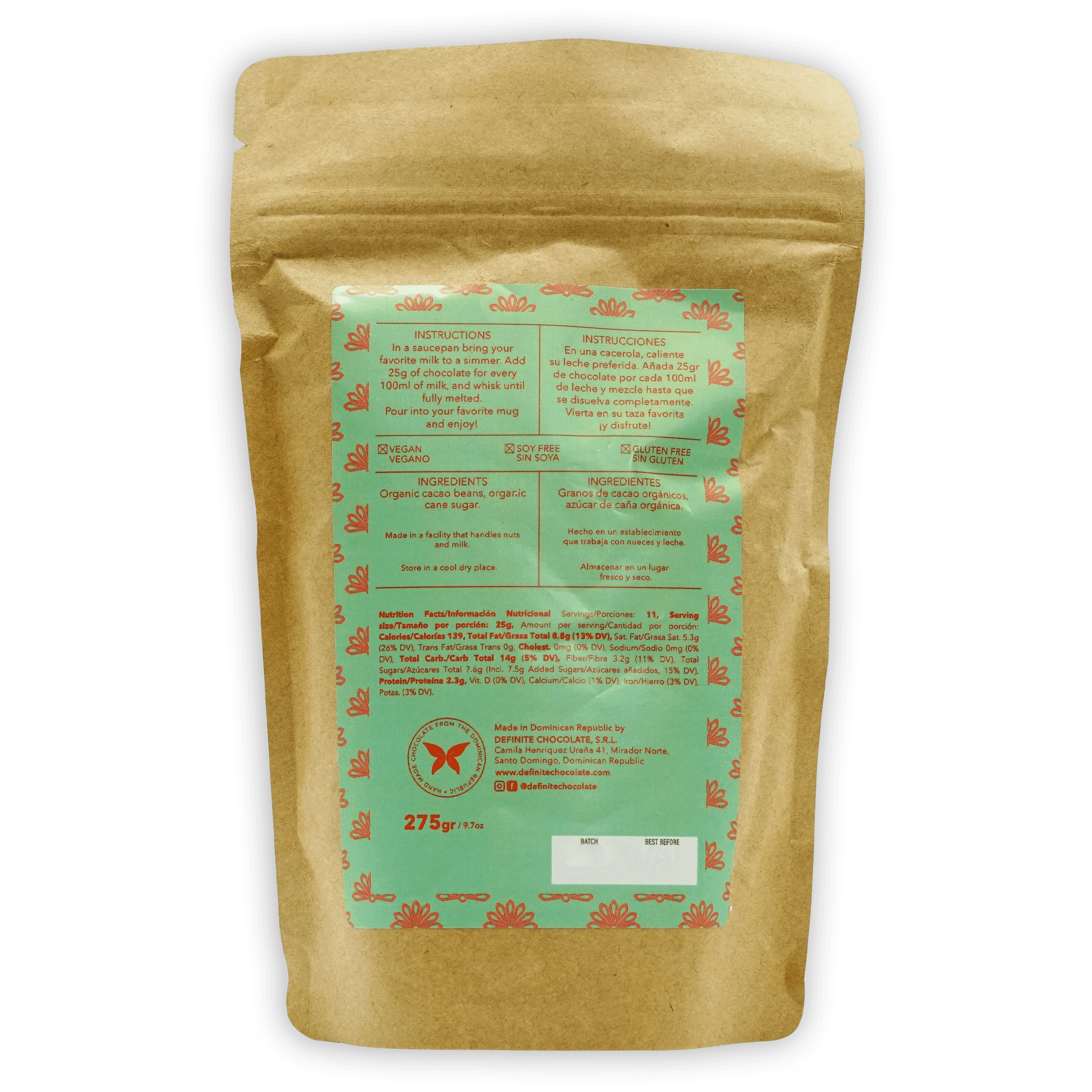 Definite Drinking Chocolate Dark 70% organic cacao powder resealable pouch
