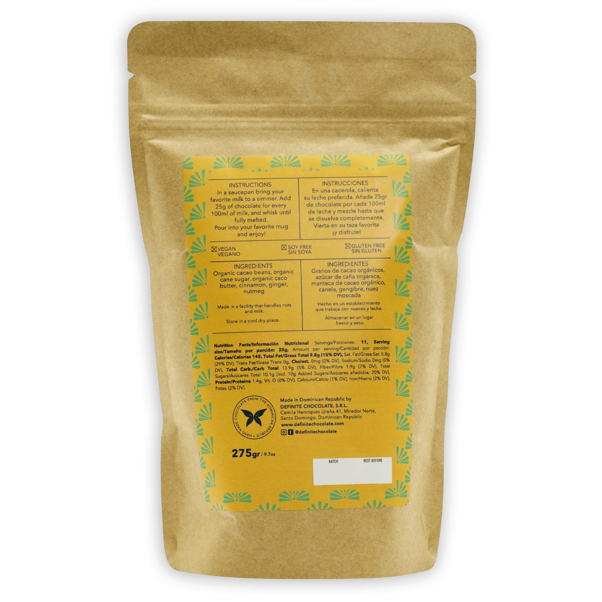 Definite Chocolates organic vegan bar pouch with yellow leaf label