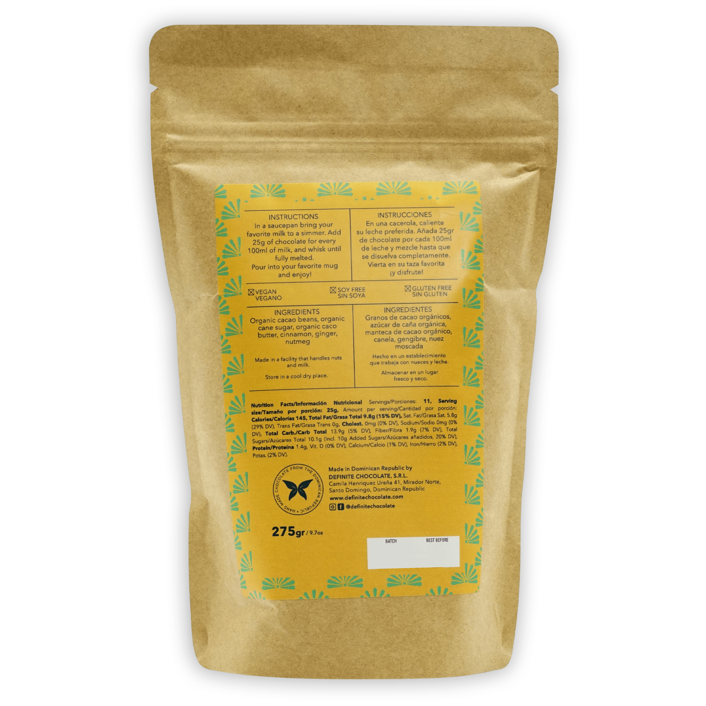 Definite Chocolates organic vegan bar pouch with yellow leaf label
