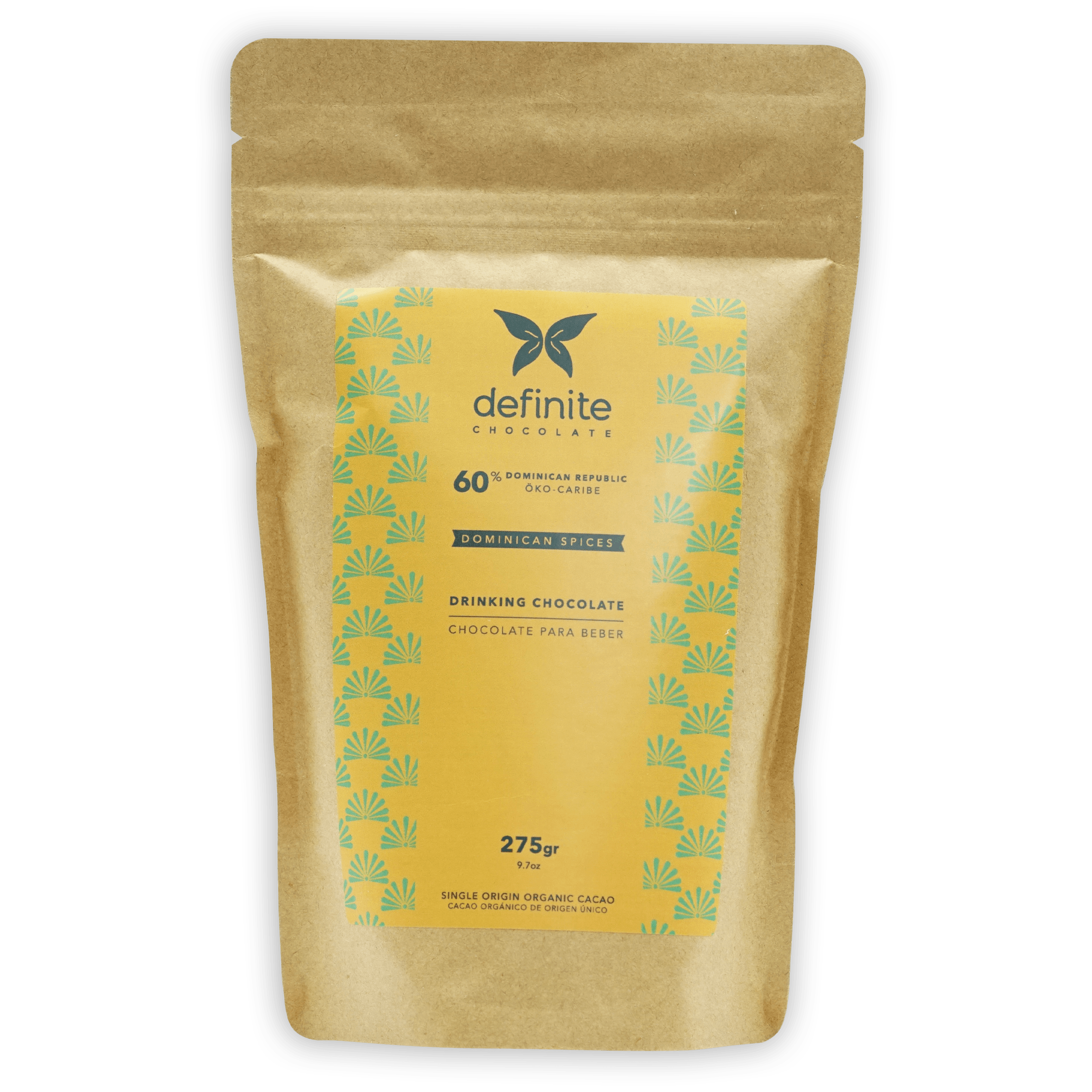 Definite Drinking Chocolate with Dominican Spices 60% yellow green pouch