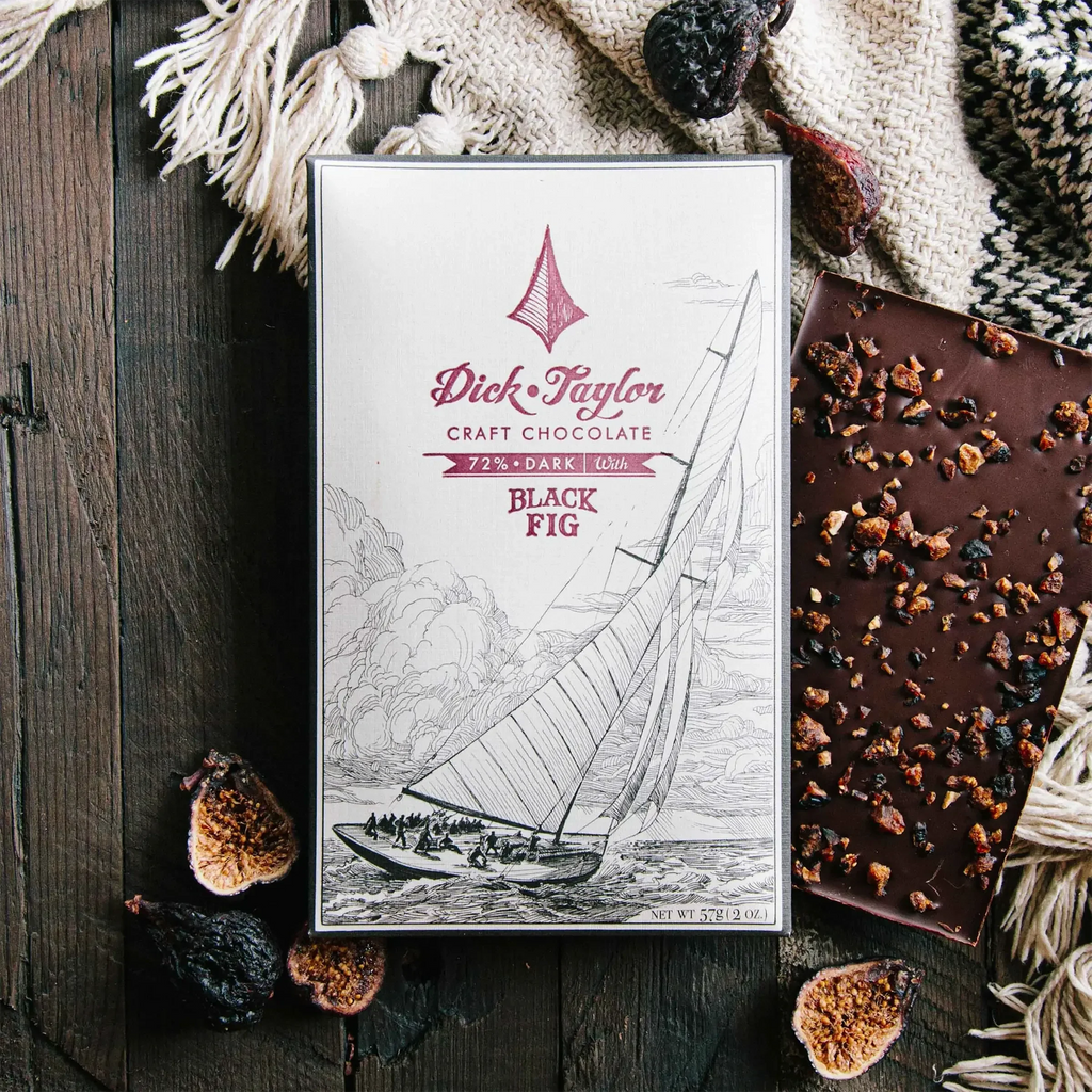 Dick Taylor Black Fig 72% dark craft chocolate bar package with sailboat drawing