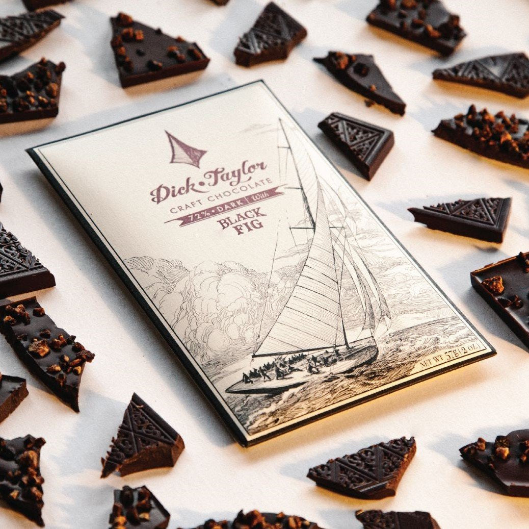 Dick Taylor Black Fig 72% dark chocolate bar wrapper with ship drawing