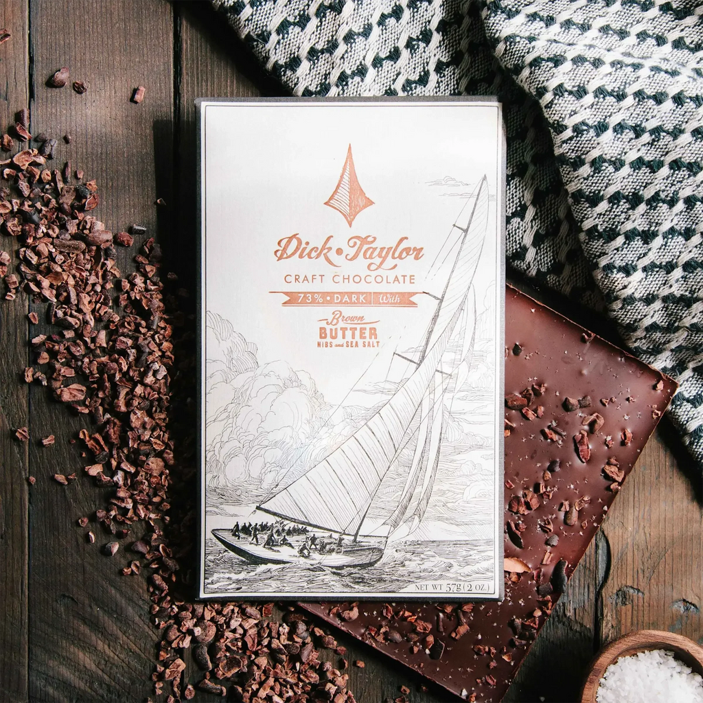 Dick Taylor 73% dark chocolate bar with brown butter, nibs and sea salt