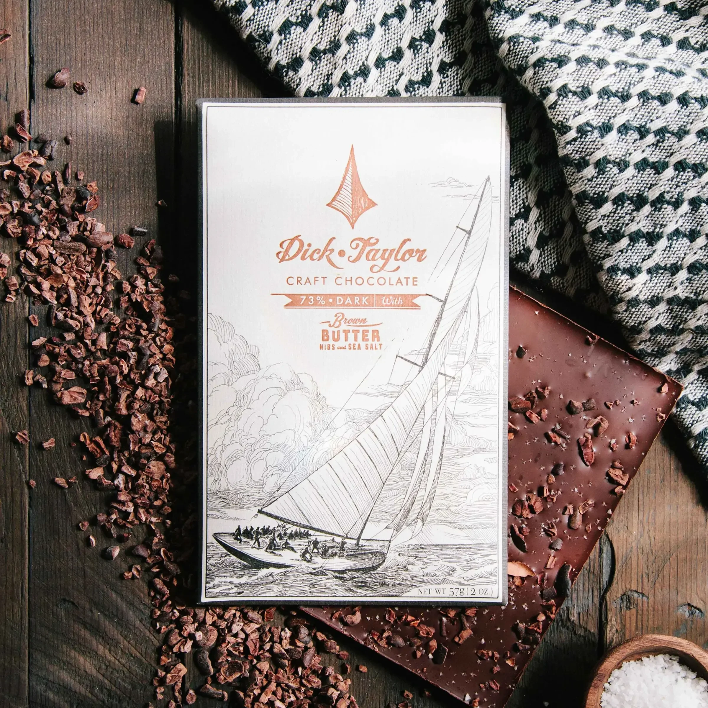 Dick Taylor 73% dark chocolate bar with brown butter, nibs and sea salt