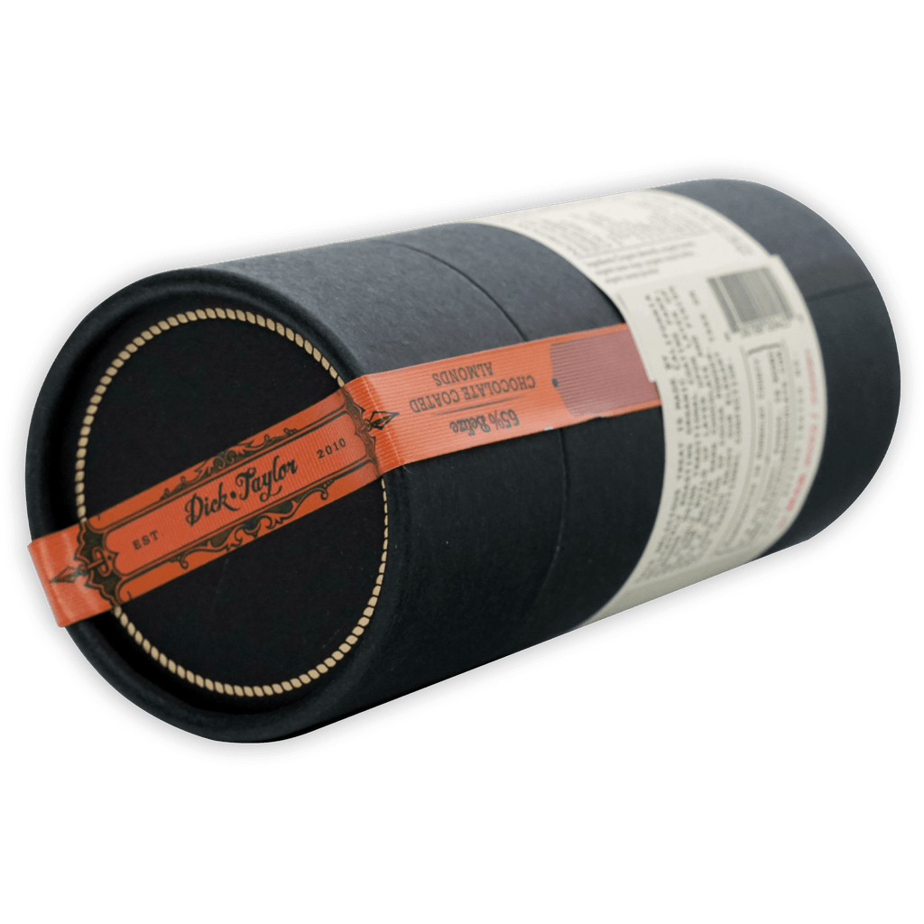 Dick Taylor 2010 black cylindrical chocolate-coated almonds packaging