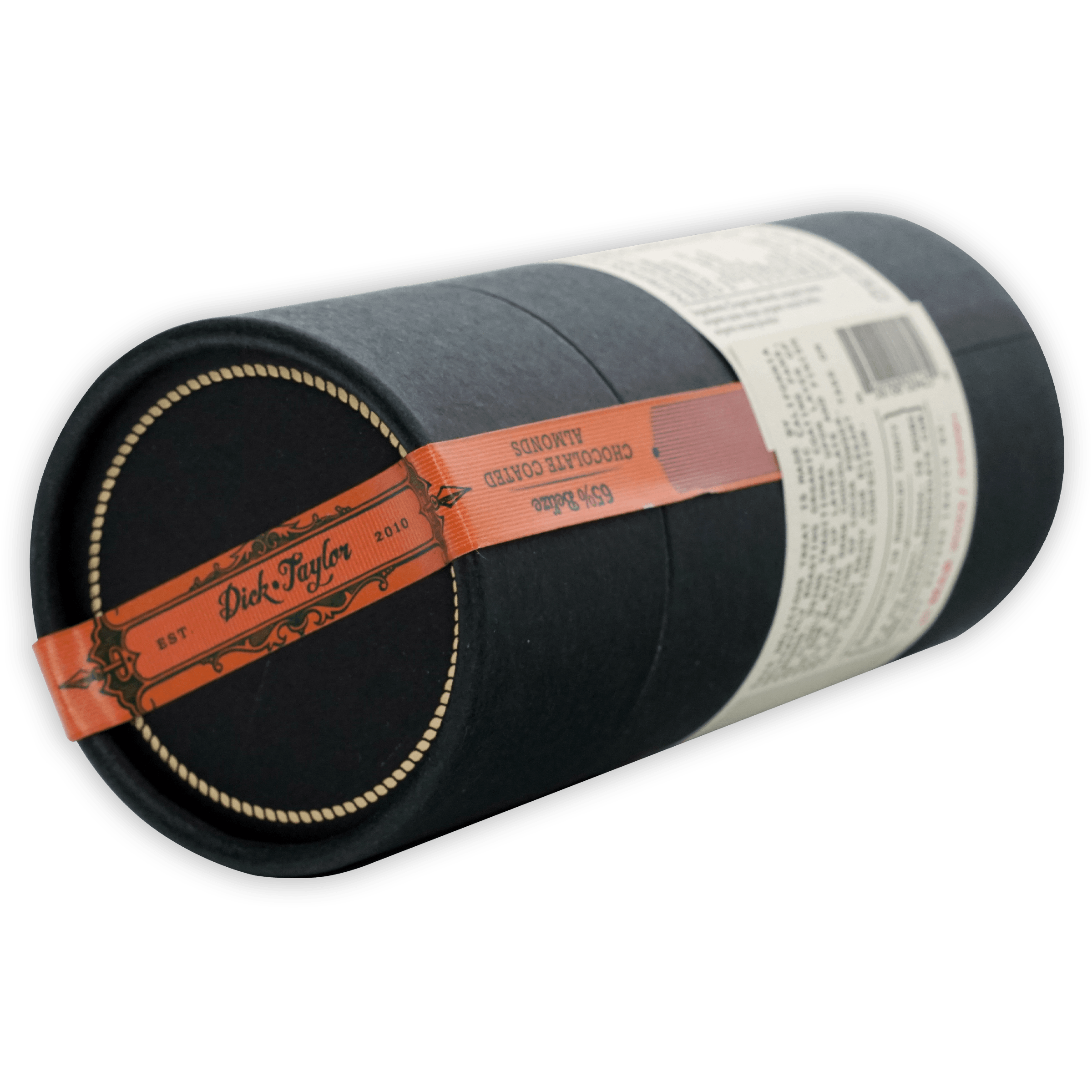 Dick Taylor 2010 black cylindrical chocolate-coated almonds packaging
