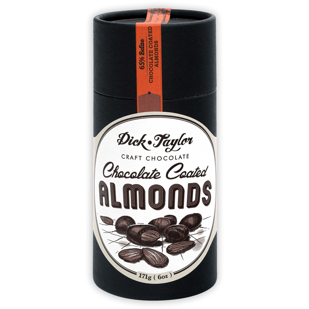 Dick Taylor 65% chocolate coated almonds in sleek black tin