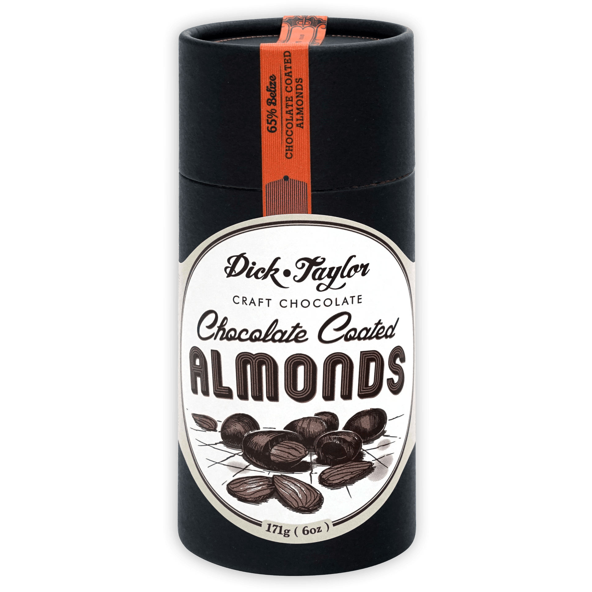 Dick Taylor 65% chocolate coated almonds in sleek black tin